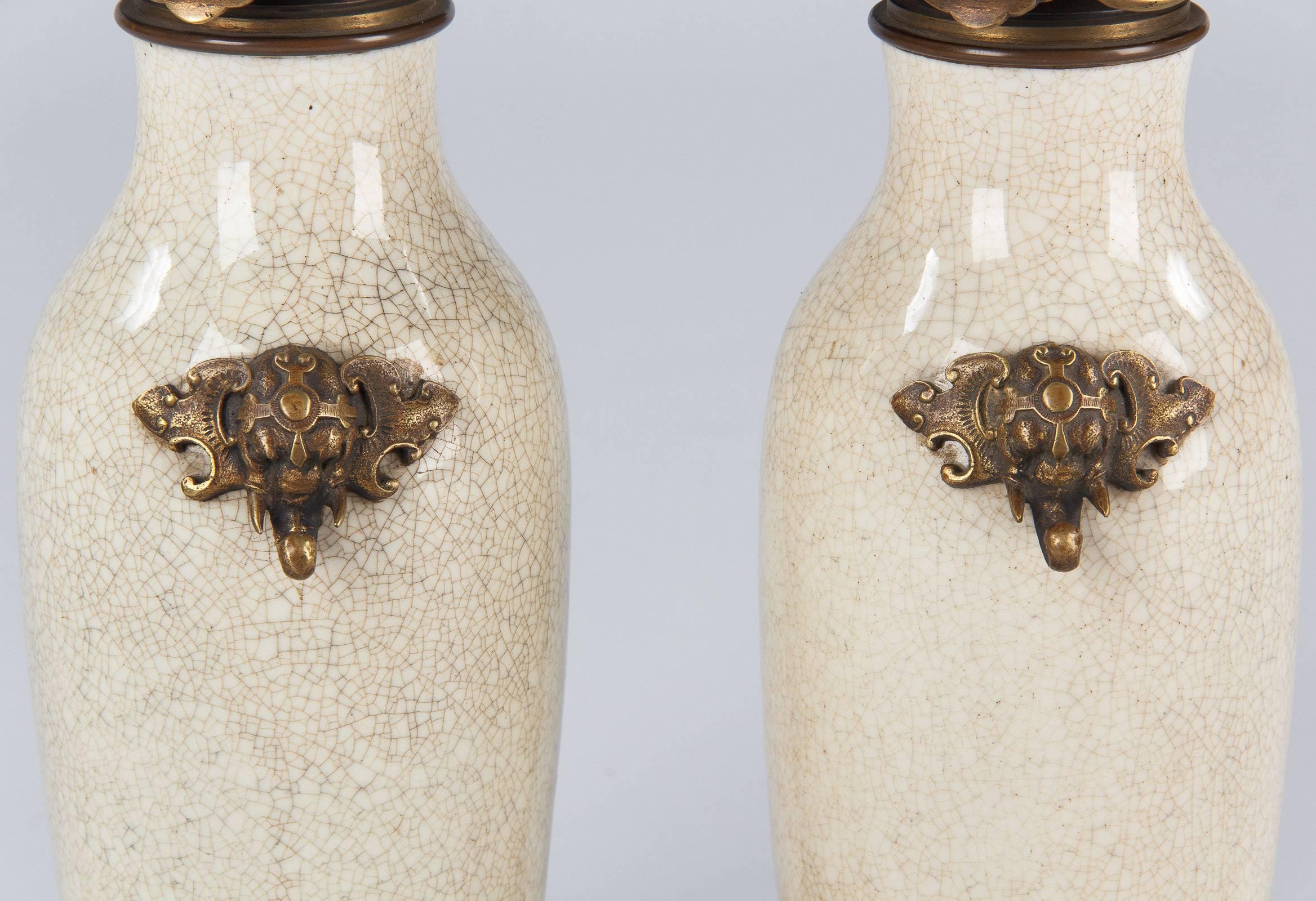 Pair of French Crackle Glaze Ceramic Lamps, Late 1800s 2