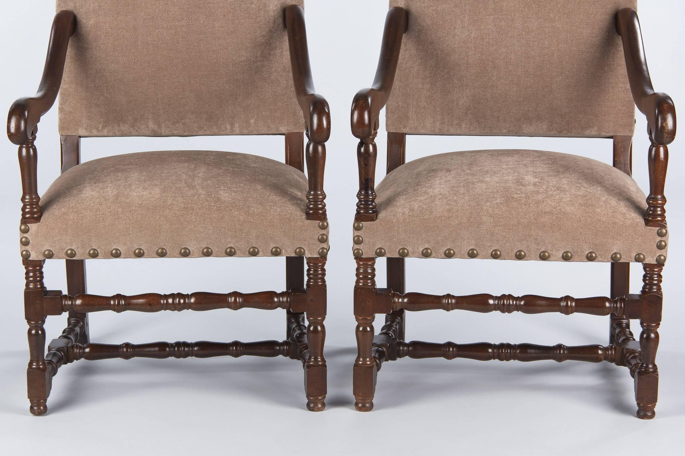 Pair of French Louis XIII Style Upholstered Beechwood Armchairs, circa 1920s 2