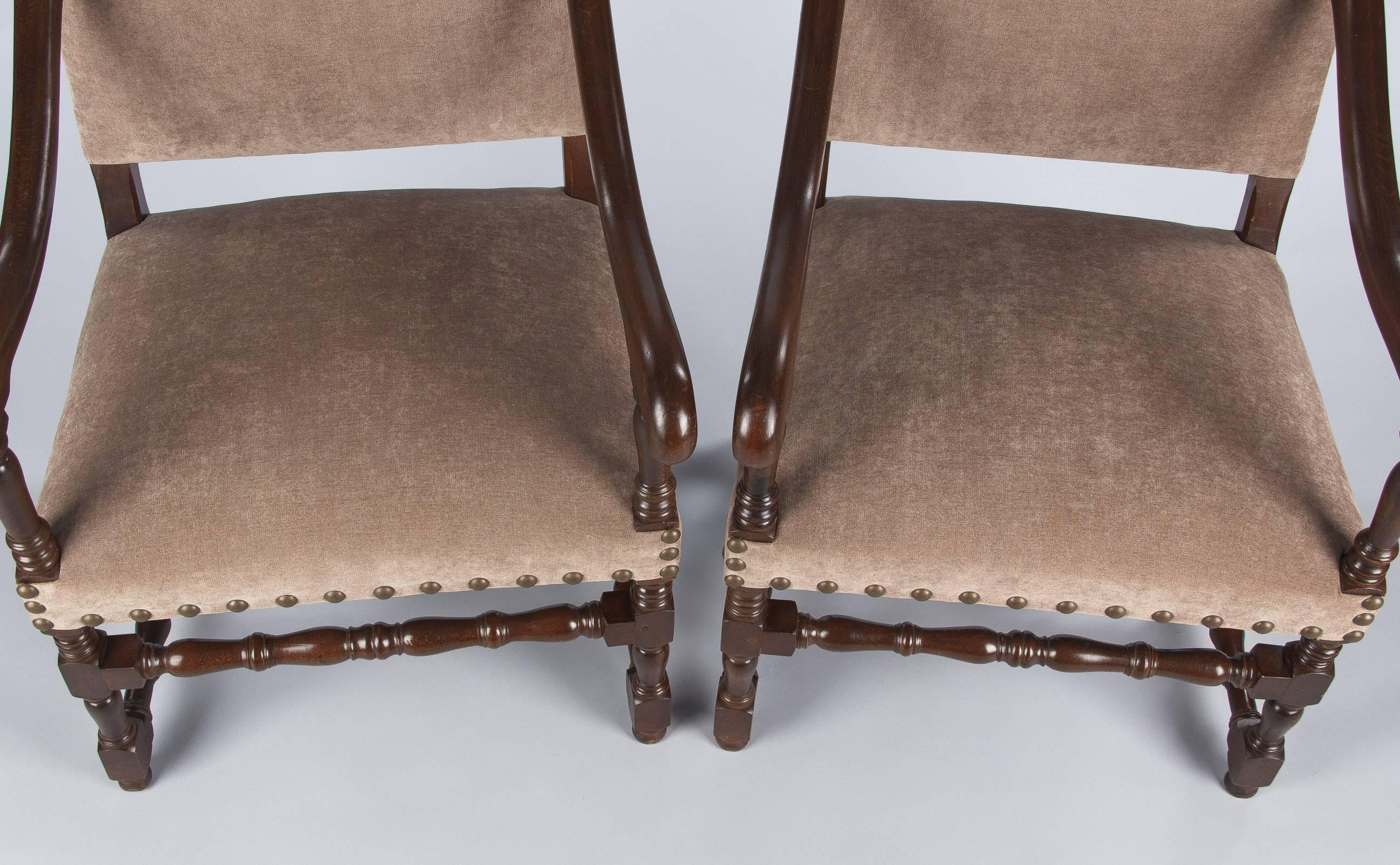 Pair of French Louis XIII Style Upholstered Beechwood Armchairs, circa 1920s 1