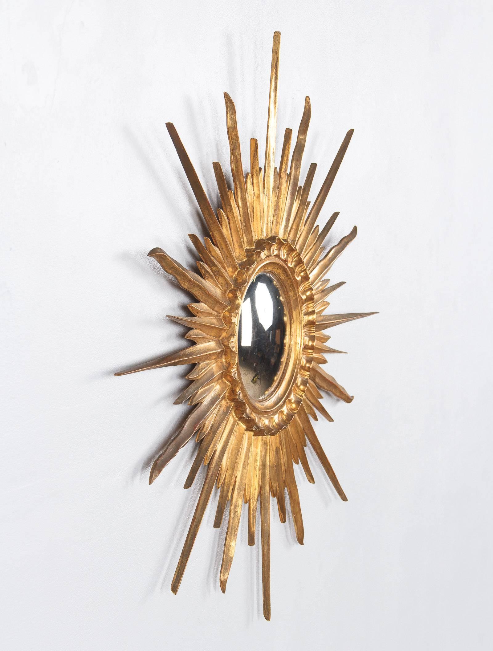 Mid-Century French Giltwood Convex Sunburst Mirror 5