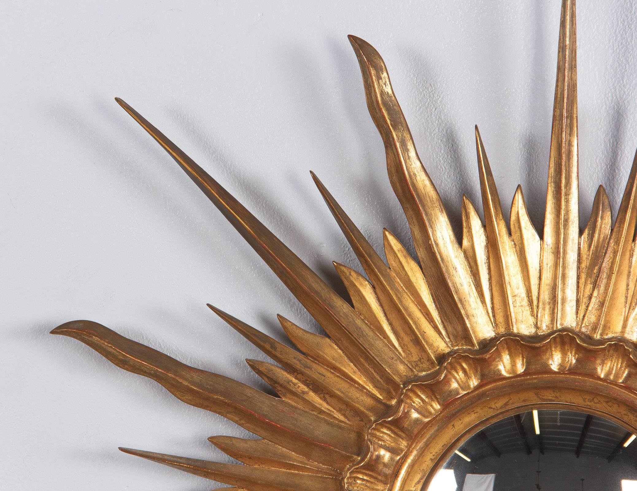 Mid-Century Modern Mid-Century French Giltwood Convex Sunburst Mirror