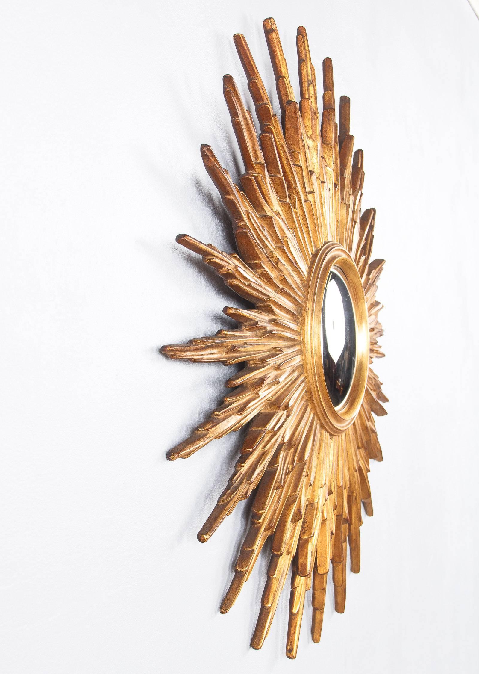 Mid-Century Modern Mid-Century French Giltwood Convex Sunburst Mirror