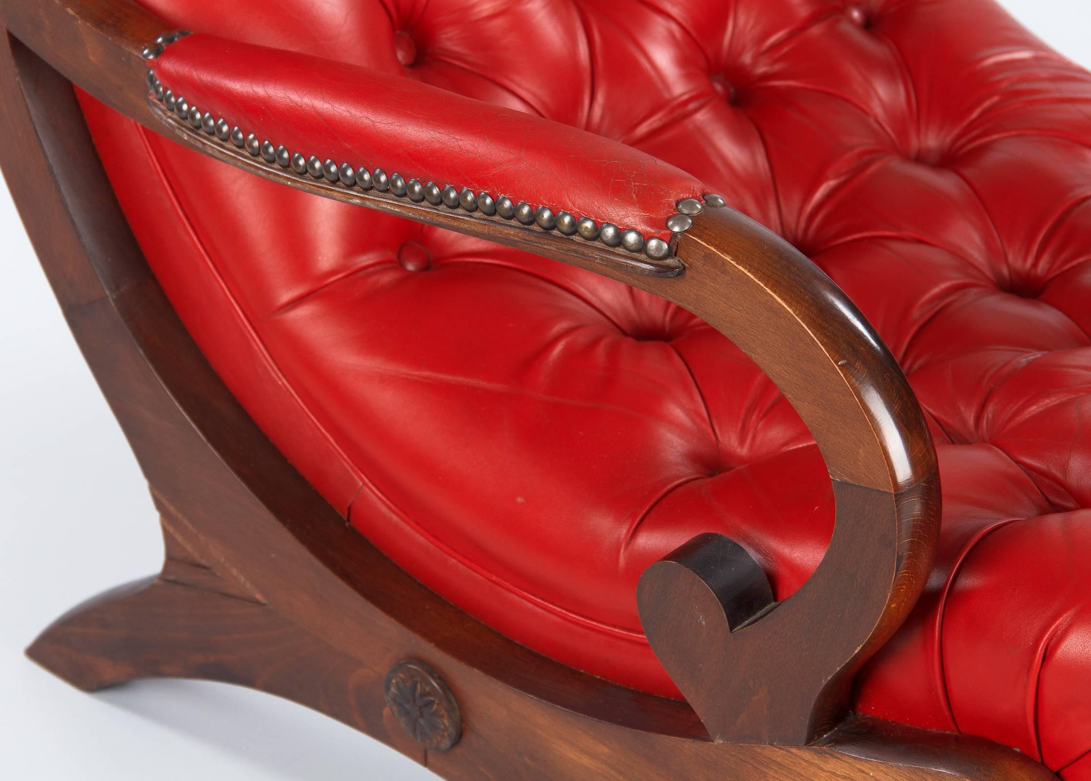 Chesterfield Armchair and Ottoman Set in Tufted Red Leather, 1950s In Good Condition In Austin, TX