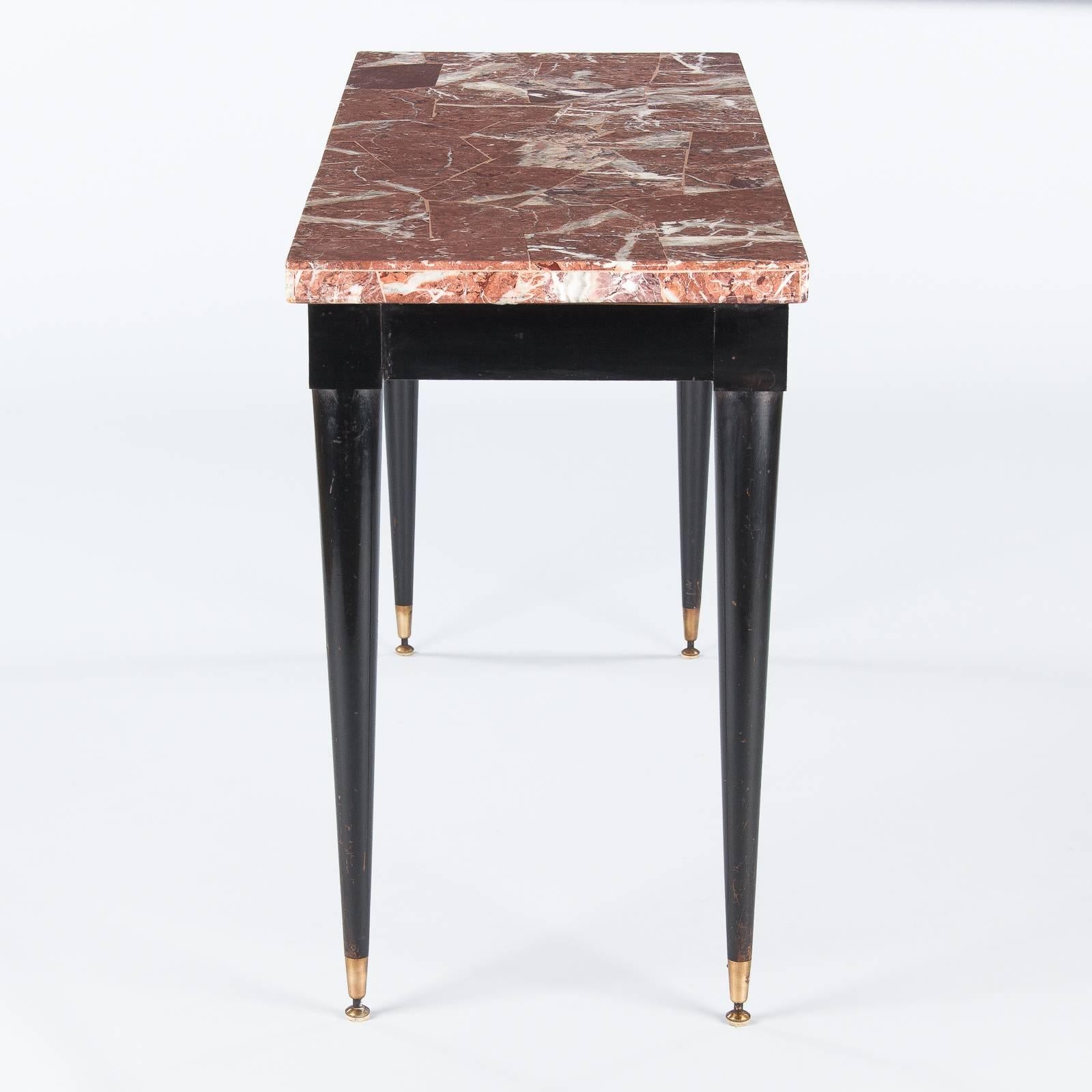 Brass Midcentury Italian Marble-Top and Lacquered Wood Console Table, 1950s