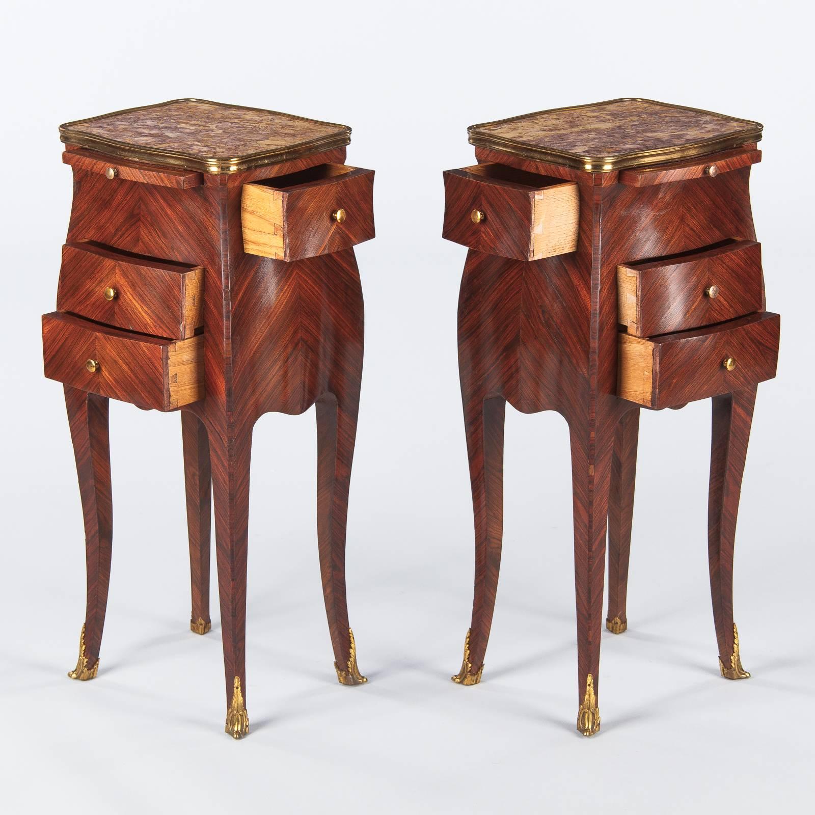 French Pair of Louis XV Style Rosewood and Marble-Top Side Cabinets, 1900s