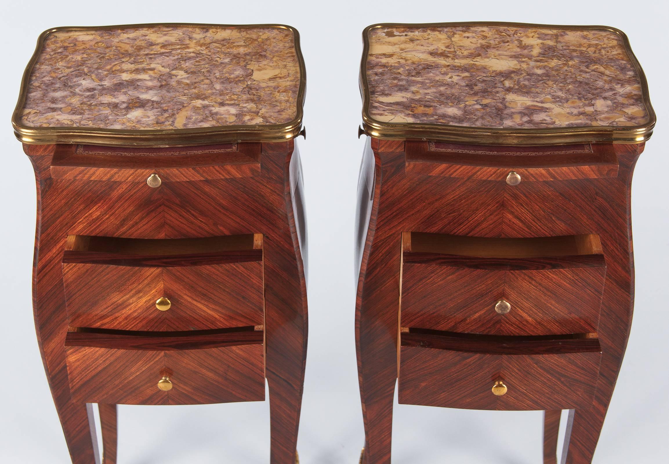 Veneer Pair of Louis XV Style Rosewood and Marble-Top Side Cabinets, 1900s