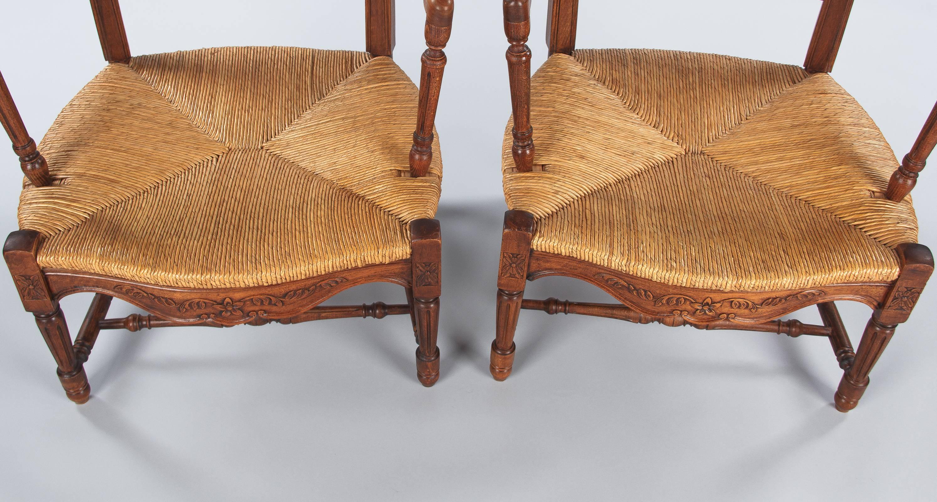 Pair of Louis XVI Style Provencal Rush Seat Armchairs, France, 1940s 2