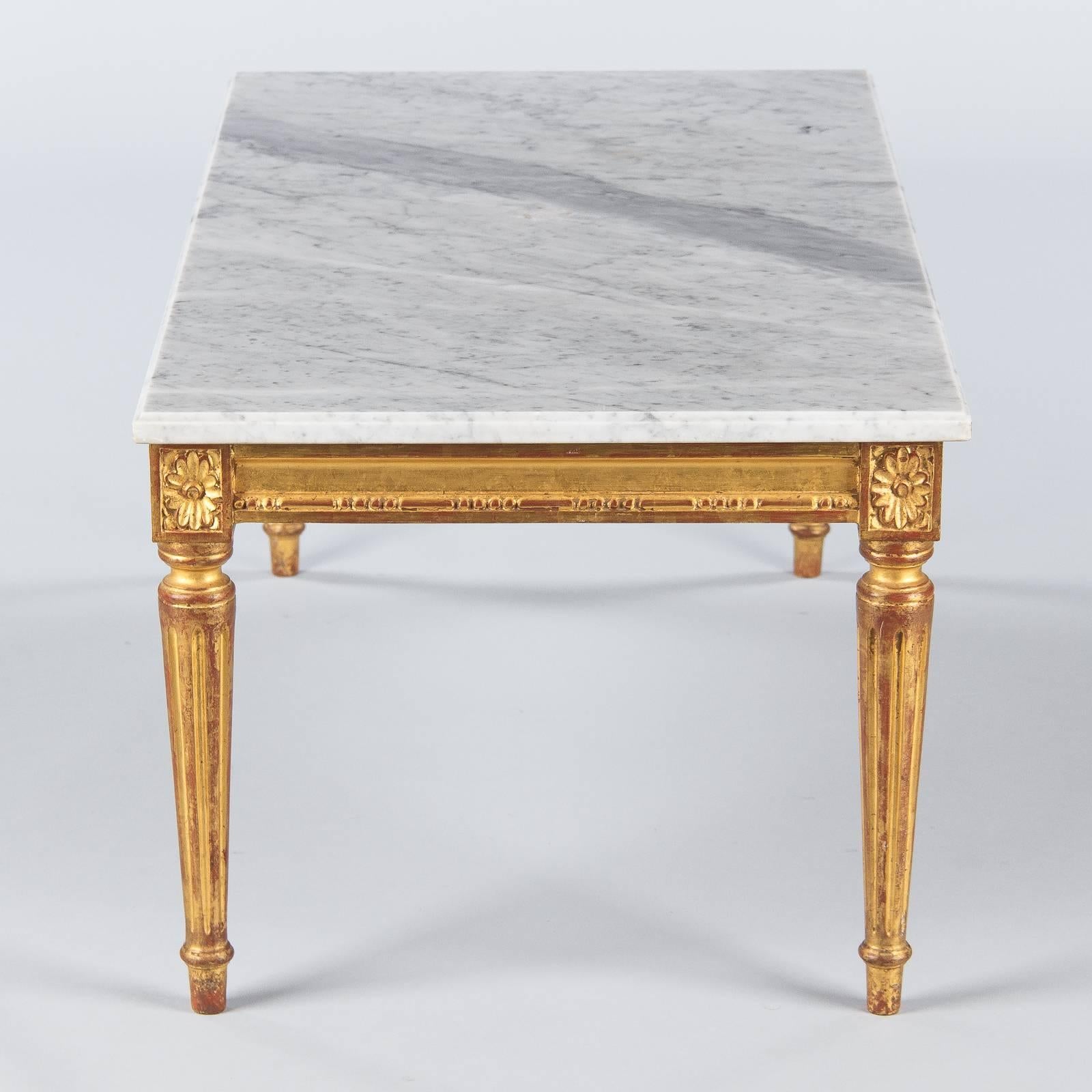 French Louis XVI Style Giltwood Coffee Table with Marble Top, 1940s