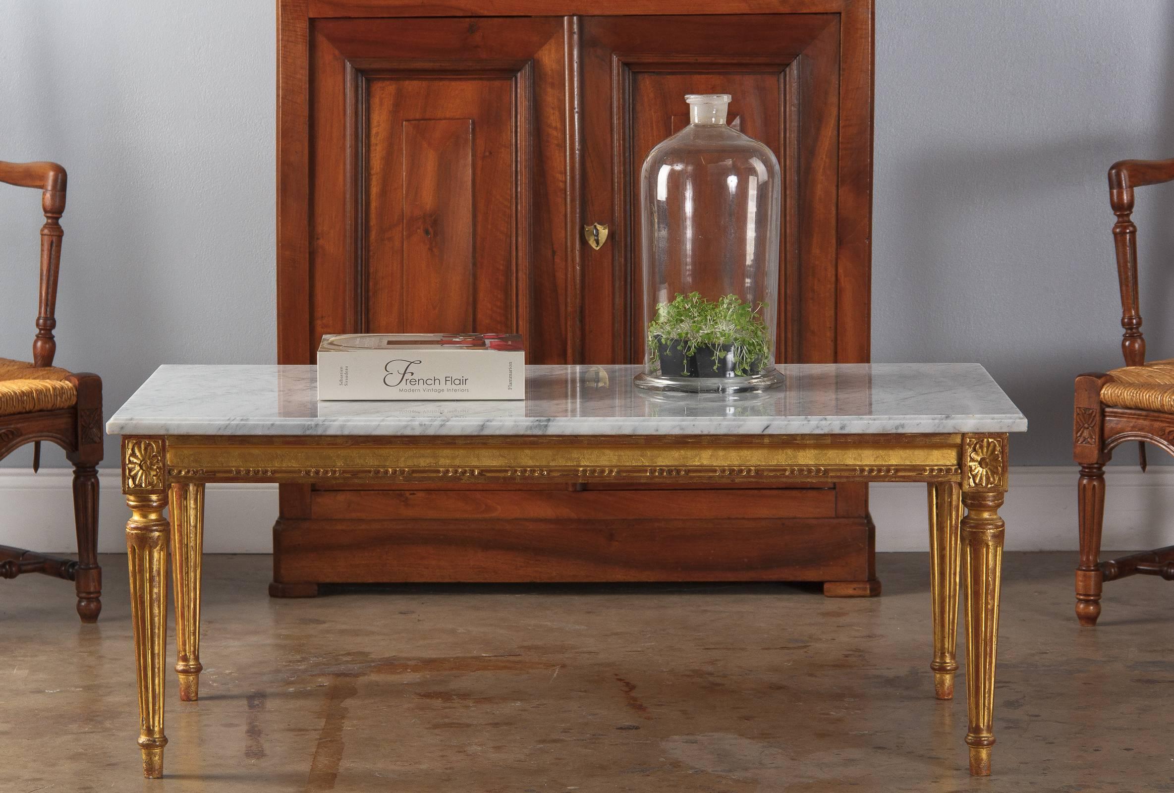 Louis XVI Style Giltwood Coffee Table with Marble Top, 1940s 3
