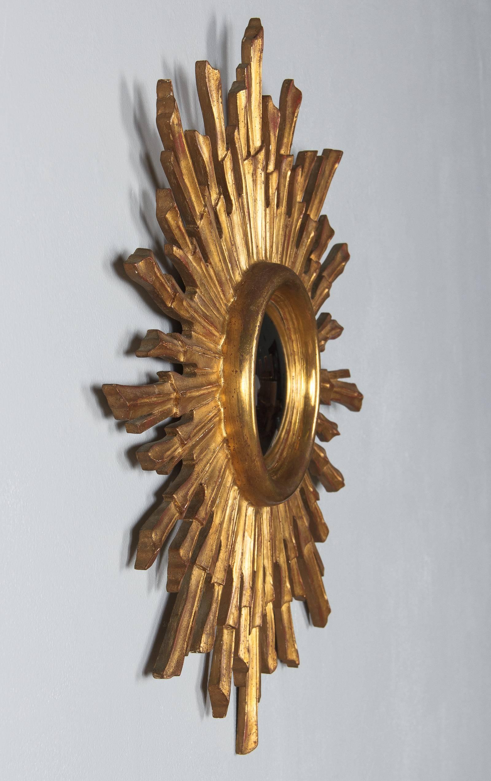 Mid-Century Modern French Giltwood Convex Sunburst Mirror, 1950s