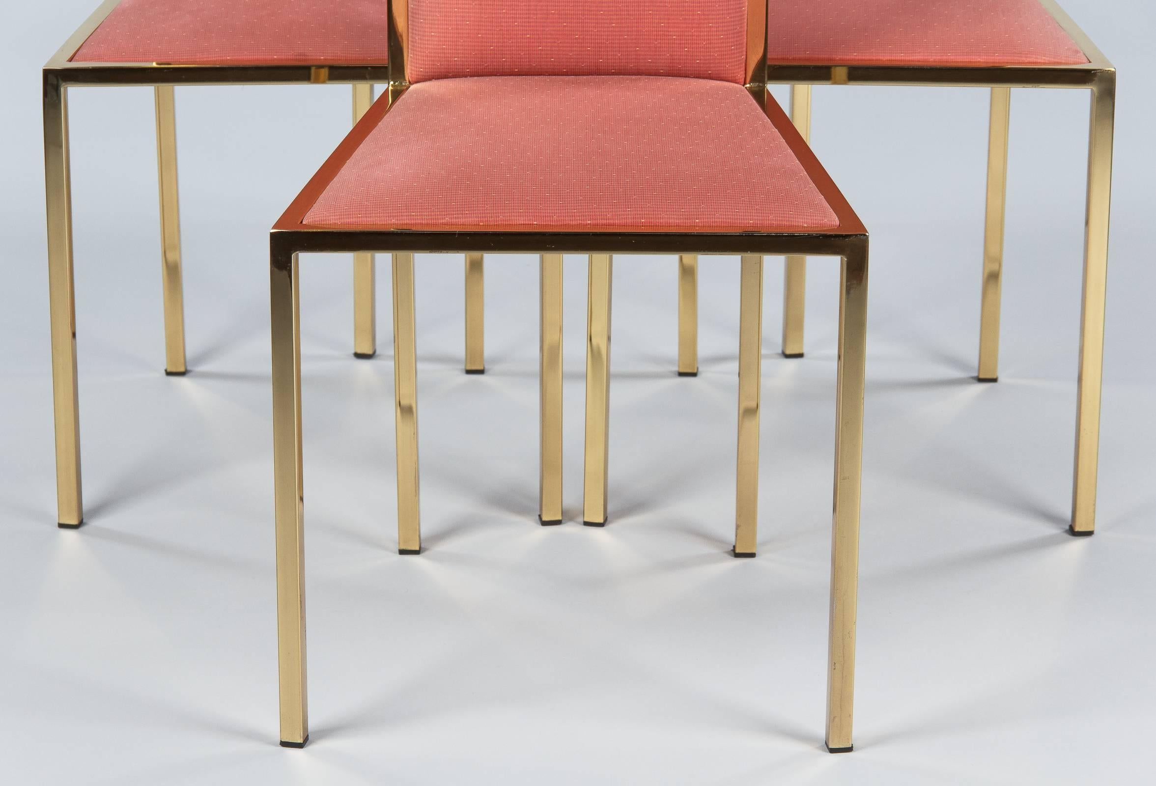 Plated Set of Four Italian Midcentury Brass and Fabric Chairs, 1960s