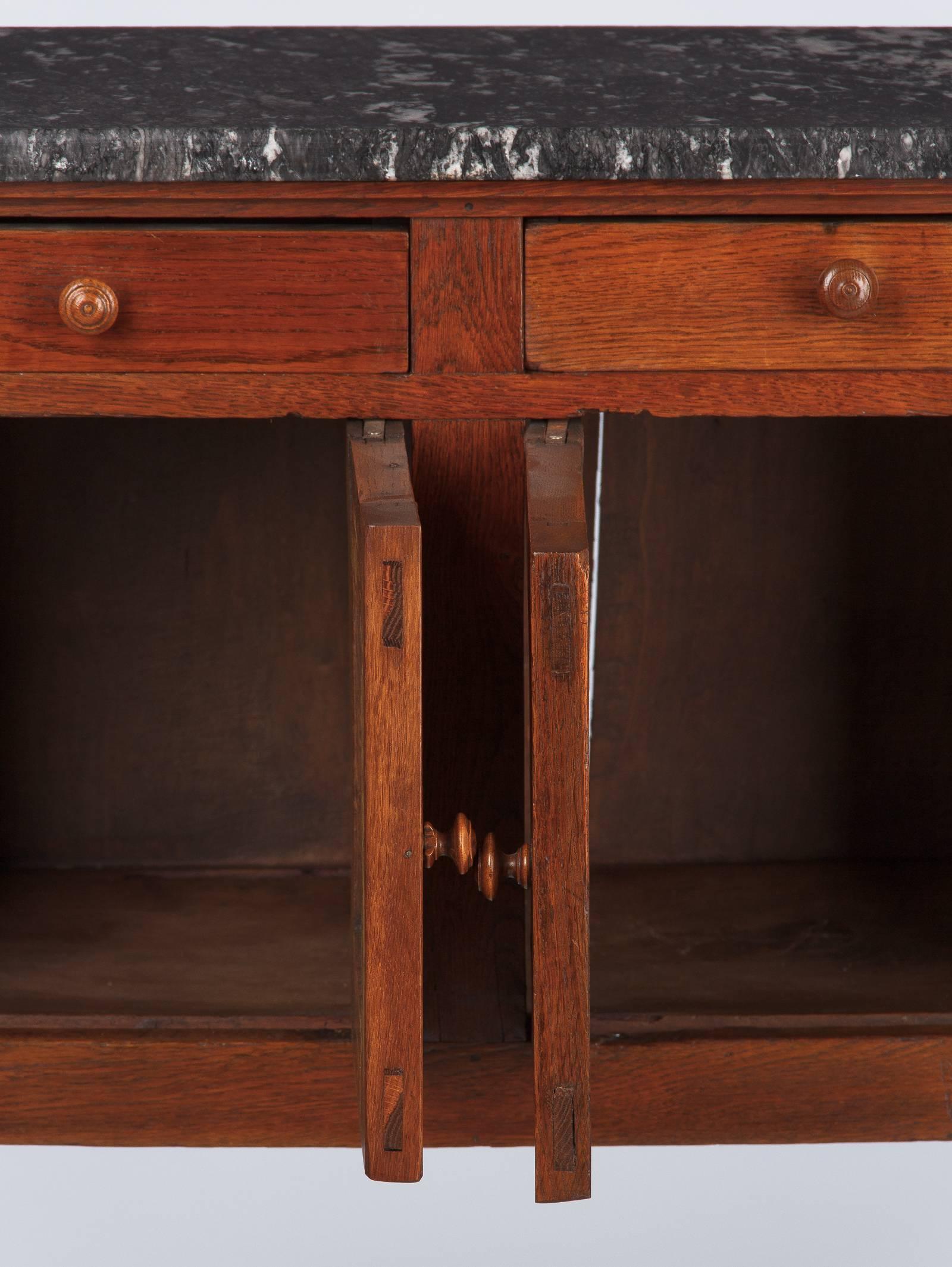 20th Century Country French Oak and Marble-Top Boarding School Cabinet, Early 1900s