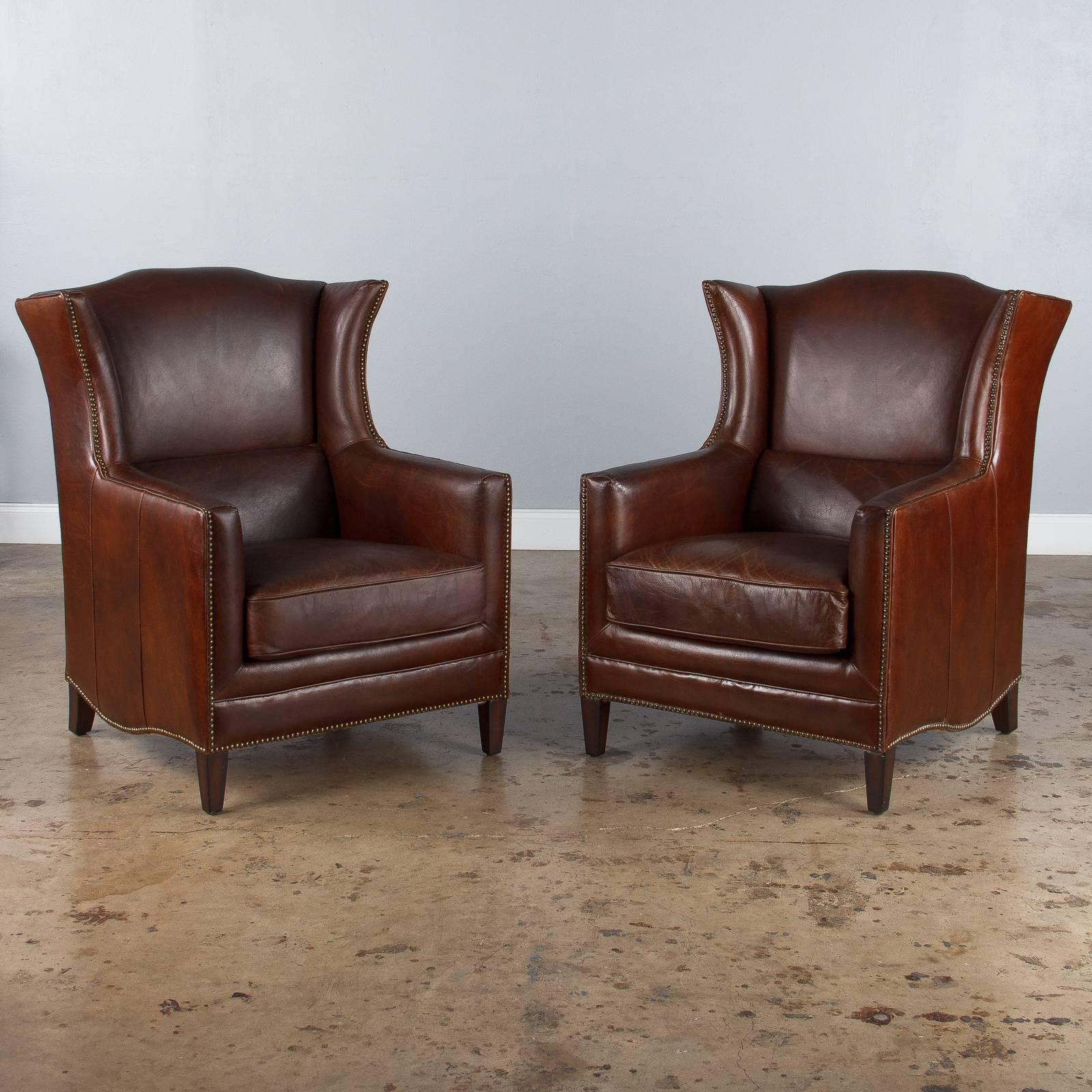 Modern Pair of French Leather Wingback Armchairs, 1980s
