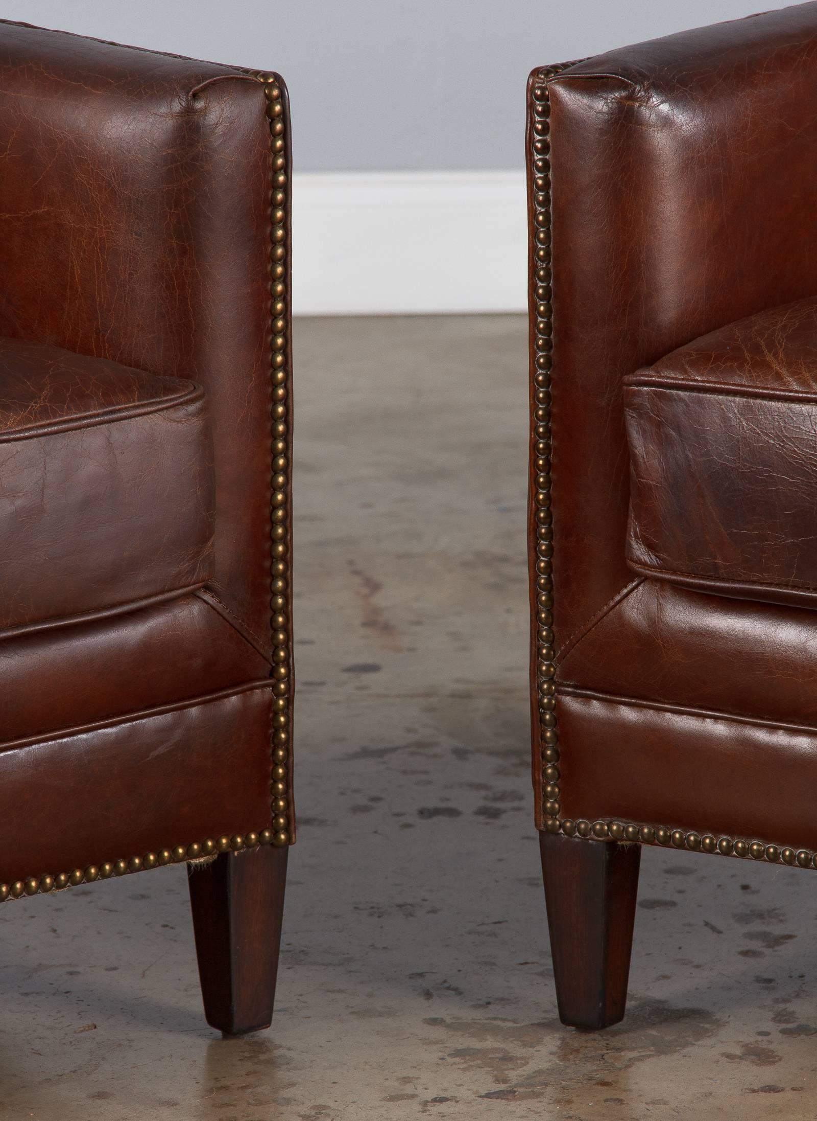 20th Century Pair of French Leather Wingback Armchairs, 1980s