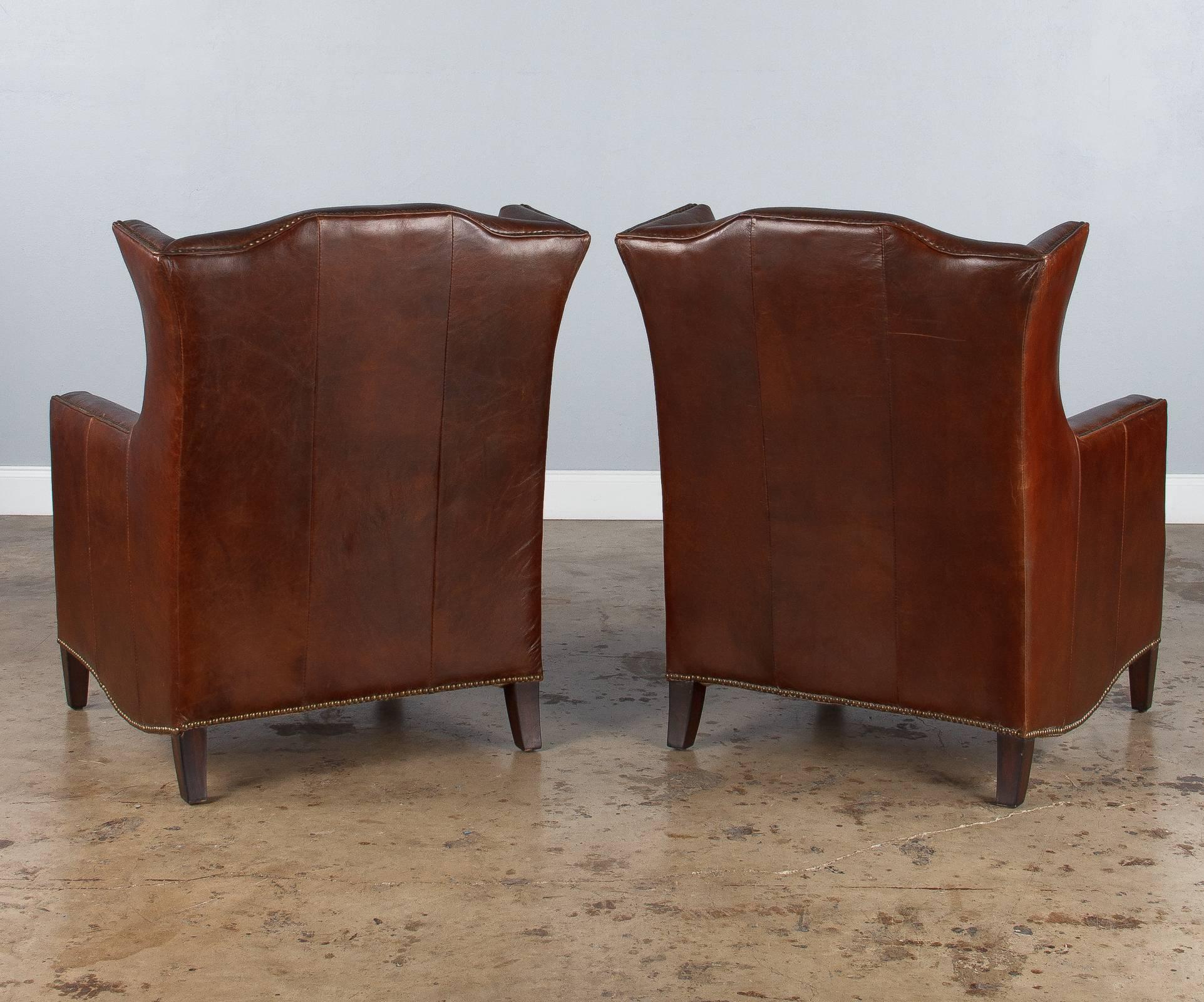 Pair of French Leather Wingback Armchairs, 1980s 5
