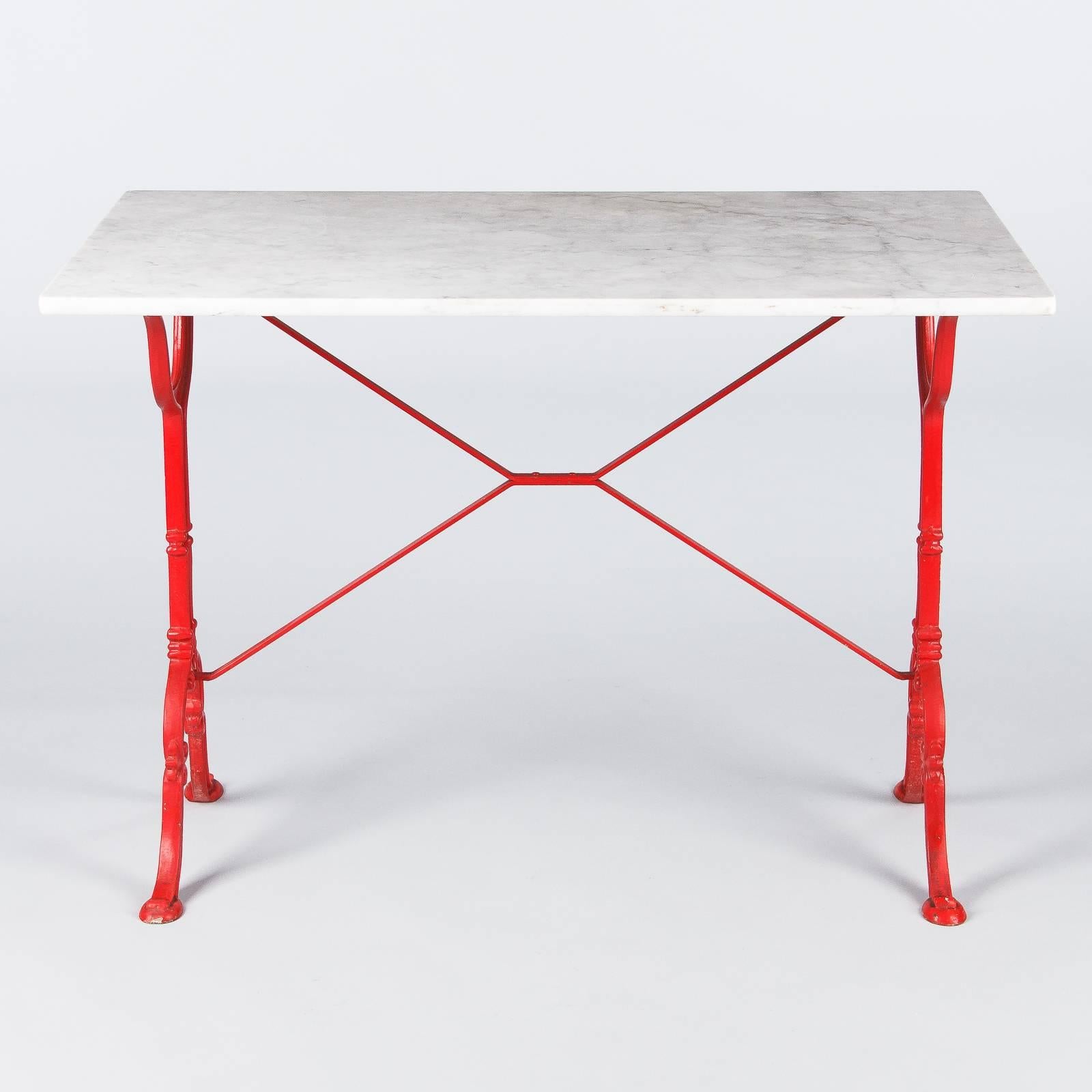 Mid-Century Modern Mid-Century Marble Top Bistro Table with Red Iron Base by Godin, 1950s