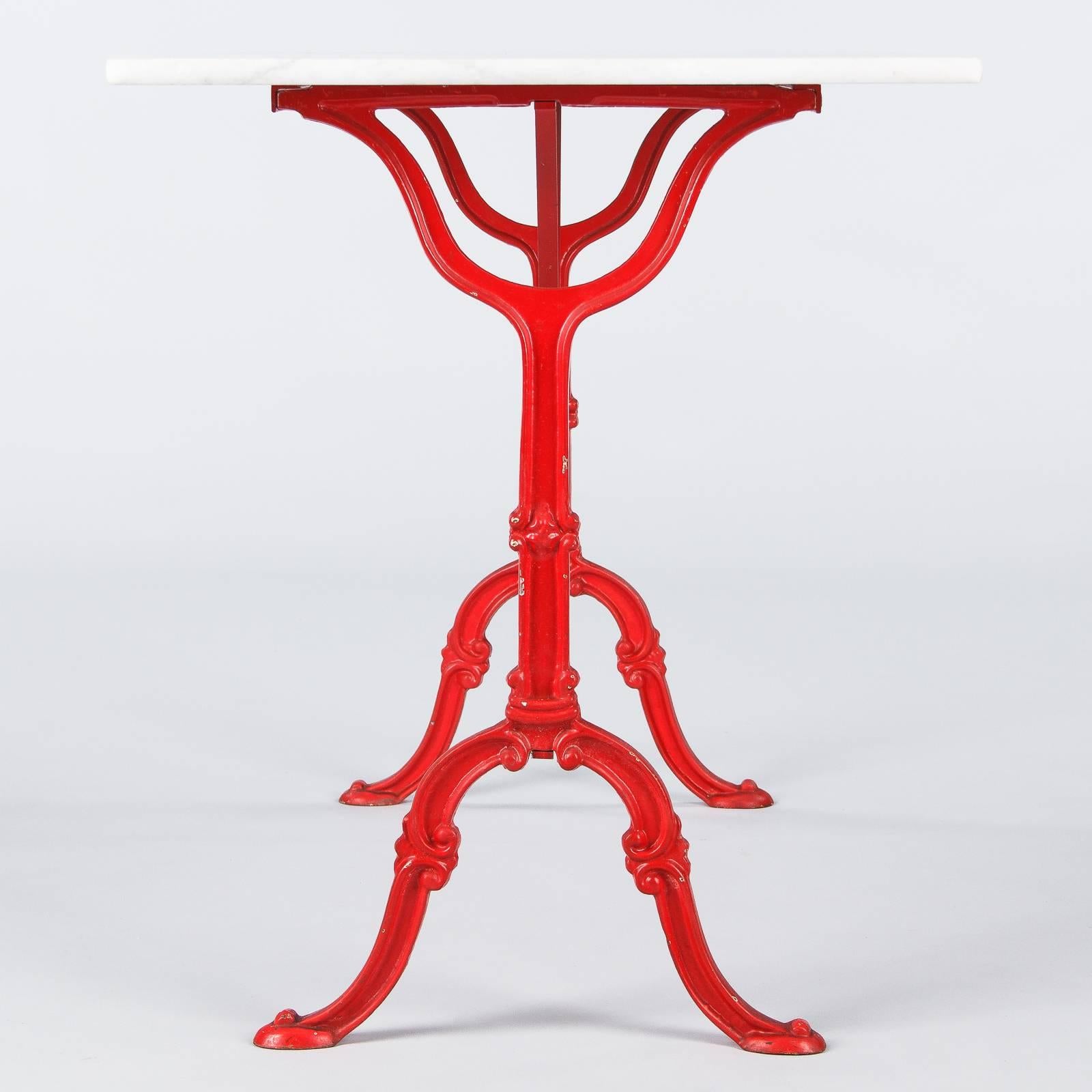 Mid-Century Marble Top Bistro Table with Red Iron Base by Godin, 1950s In Good Condition In Austin, TX