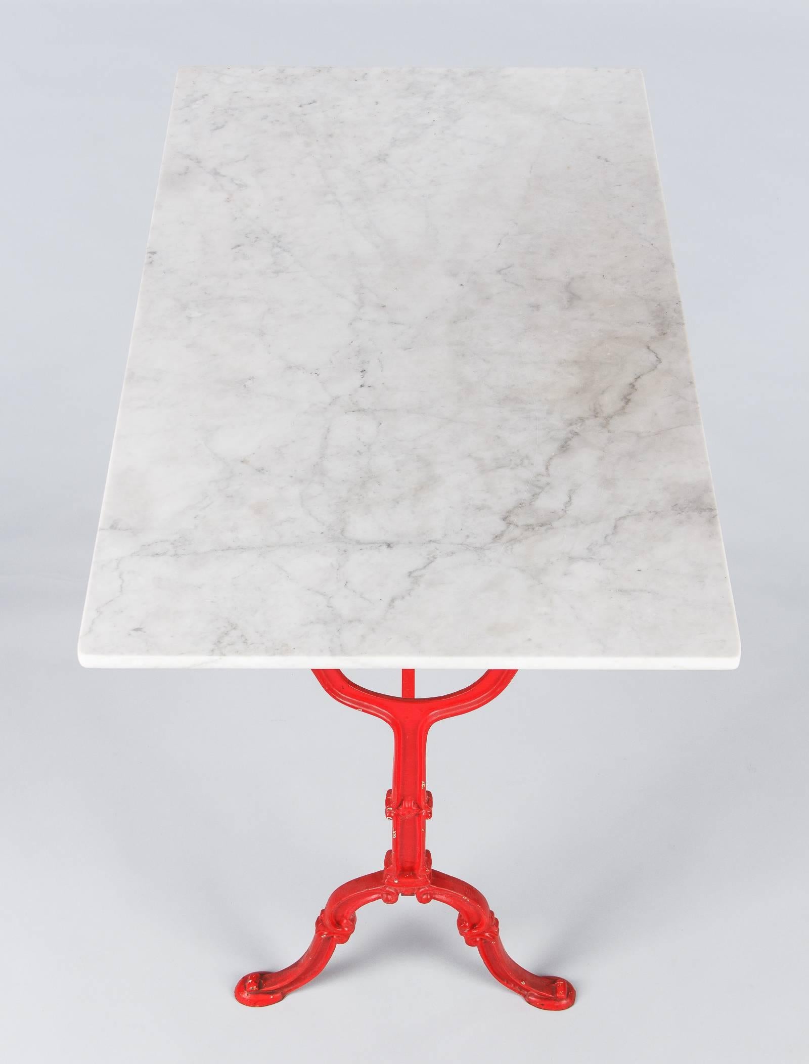 French Mid-Century Marble Top Bistro Table with Red Iron Base by Godin, 1950s