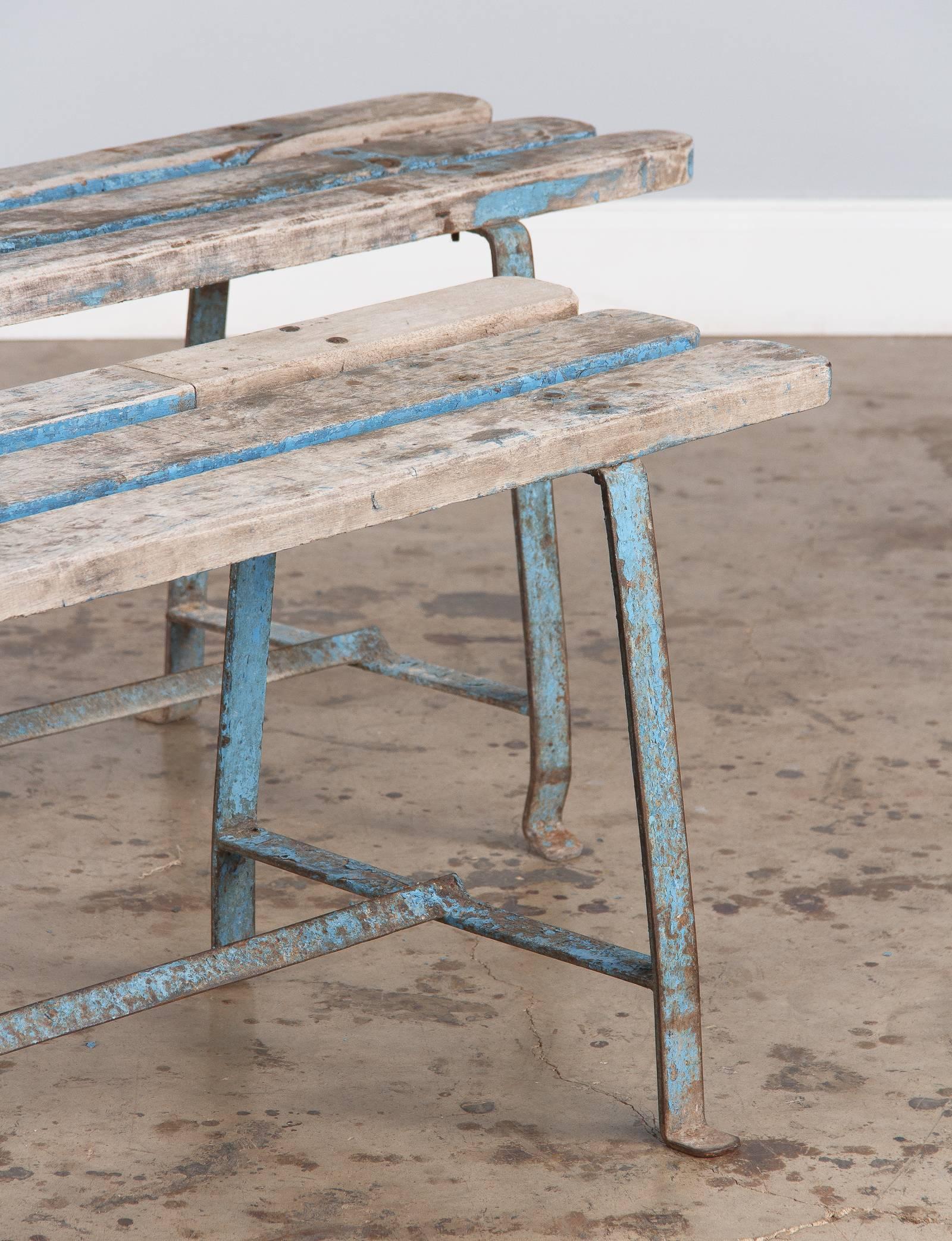 Pair of French Vintage Painted Benches with Iron Base, 1950s 3