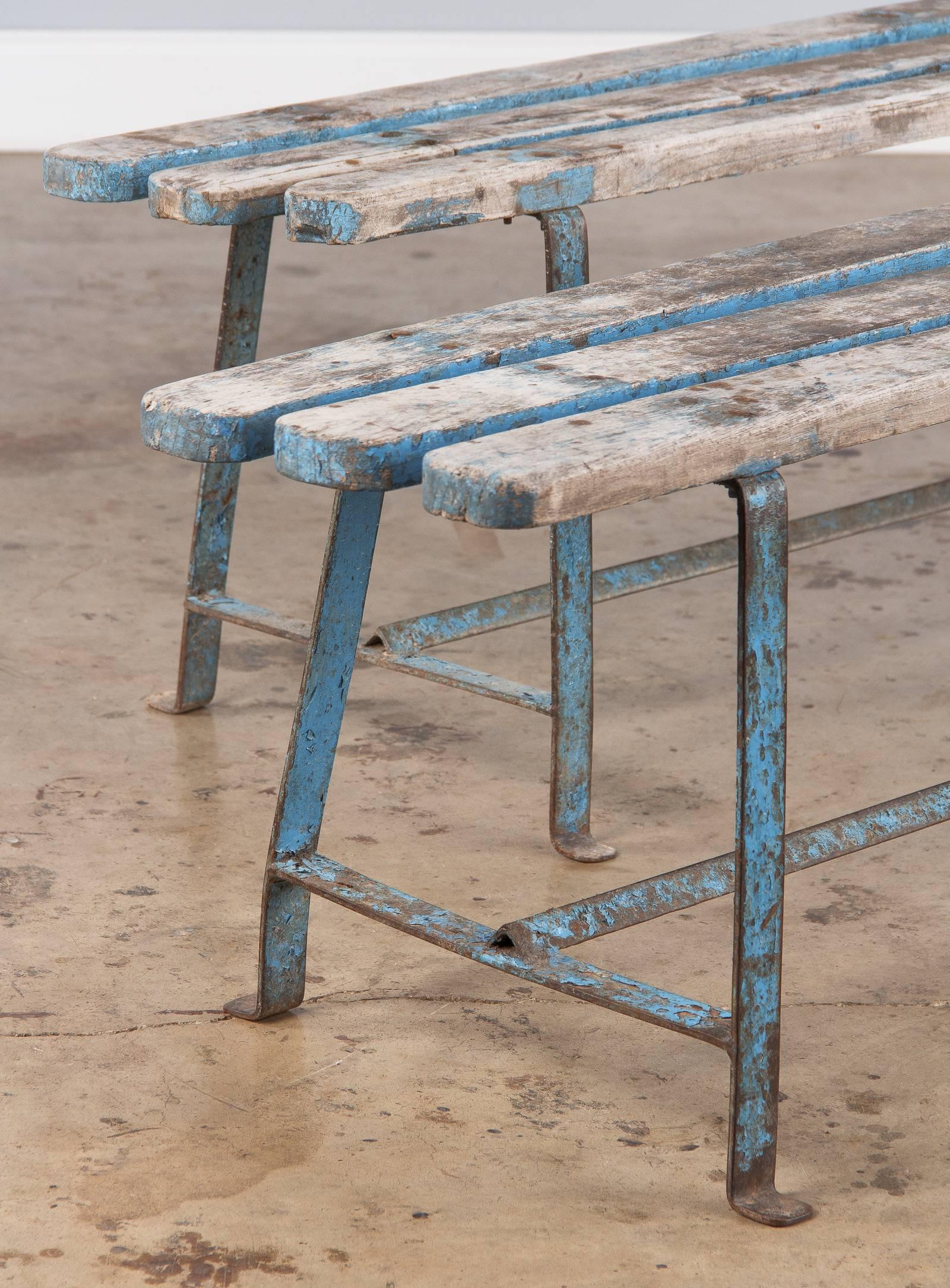 Pair of French Vintage Painted Benches with Iron Base, 1950s 1