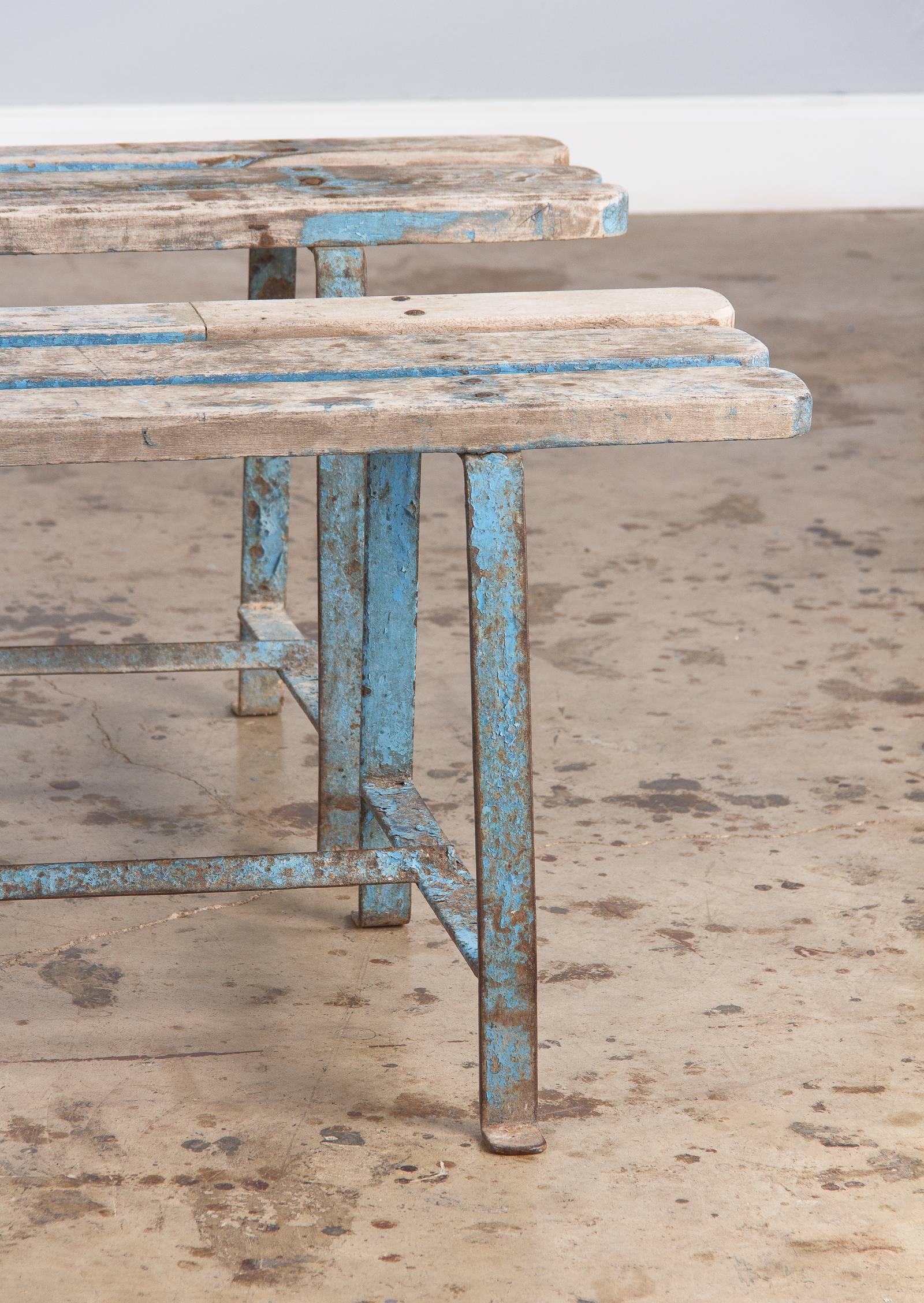 Pair of French Vintage Painted Benches with Iron Base, 1950s 2