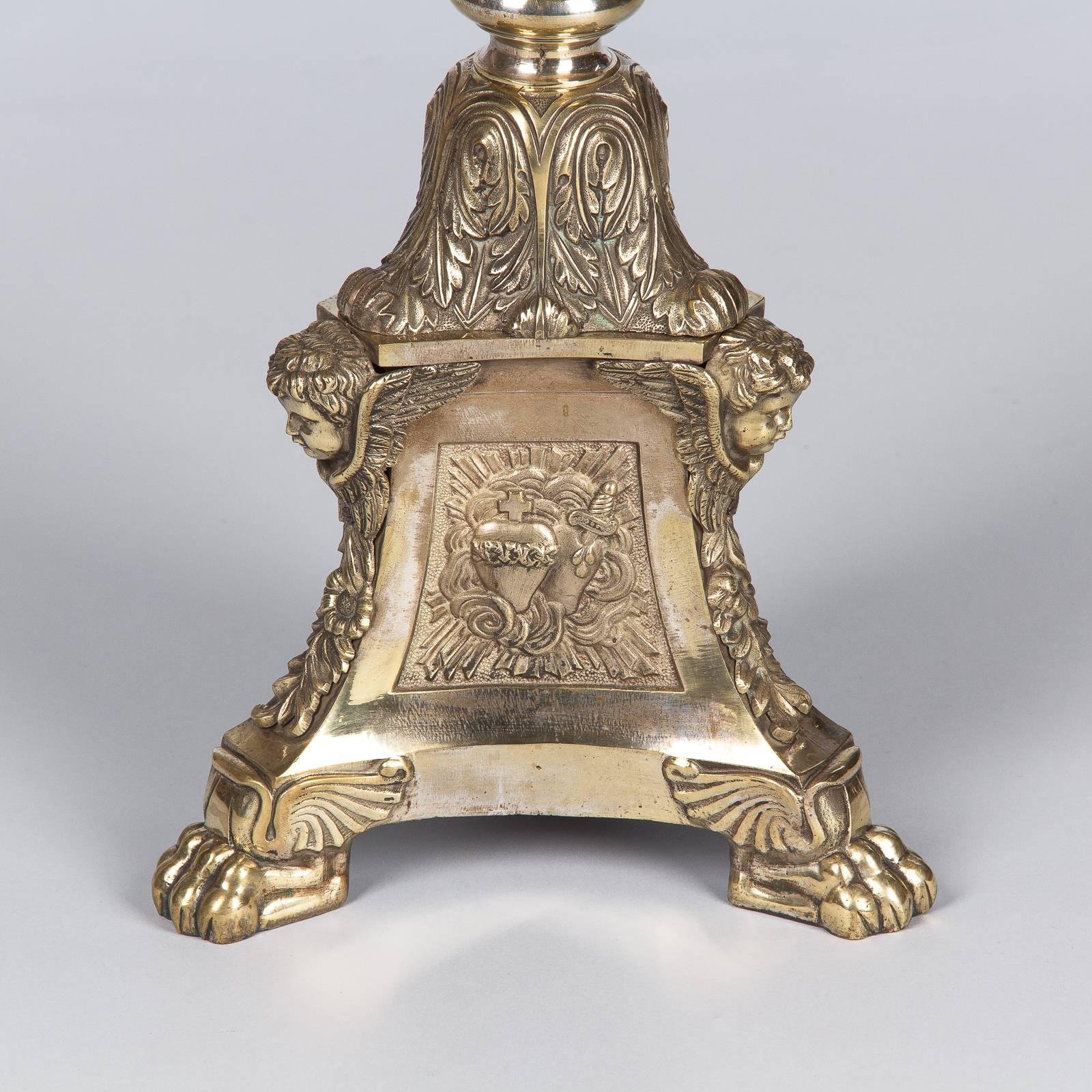19th Century French Sculpted Brass and Bronze Church Candleholder, 1860s