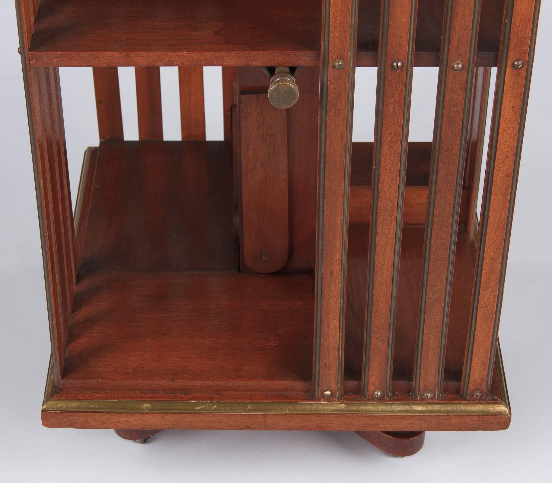 Brass Empire Style English Revolving Bookshelf in Cherrywood, Late 1800s