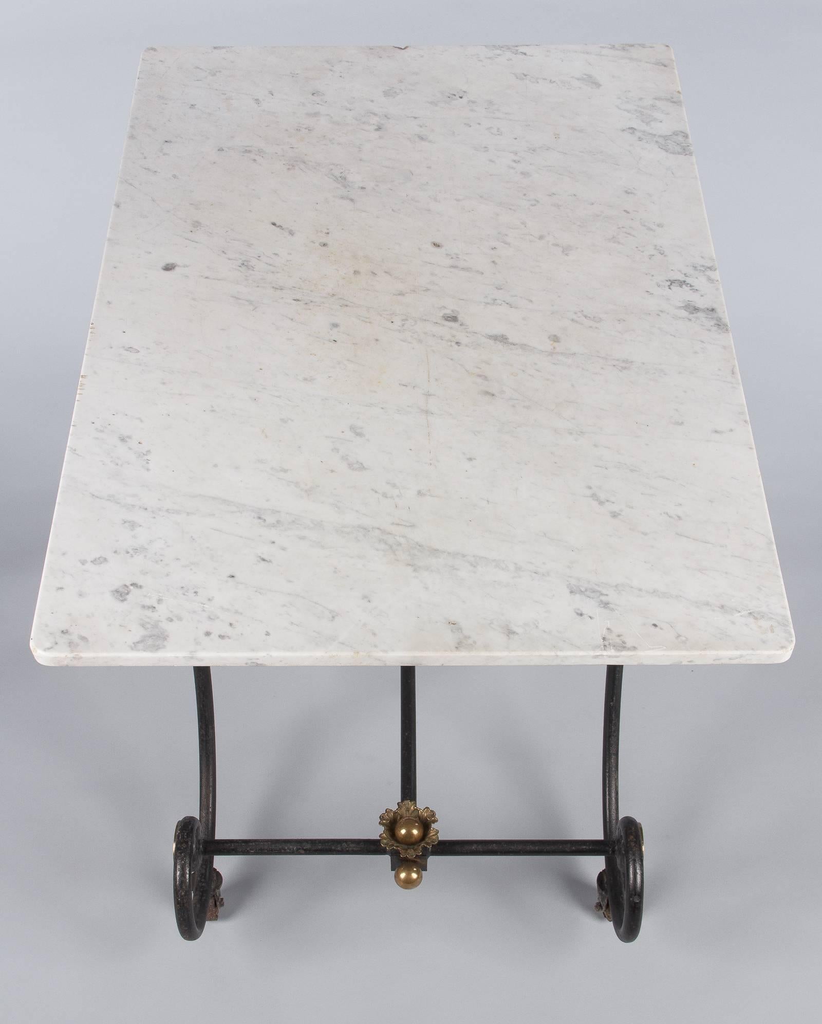 Industrial French Marble-Top Butcher's Table with Iron Base, Early 1900s