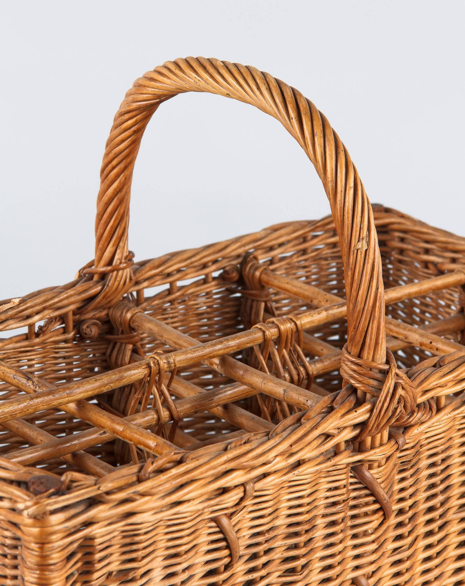 Country French Bottle Holder Wicker Basket, 1940s