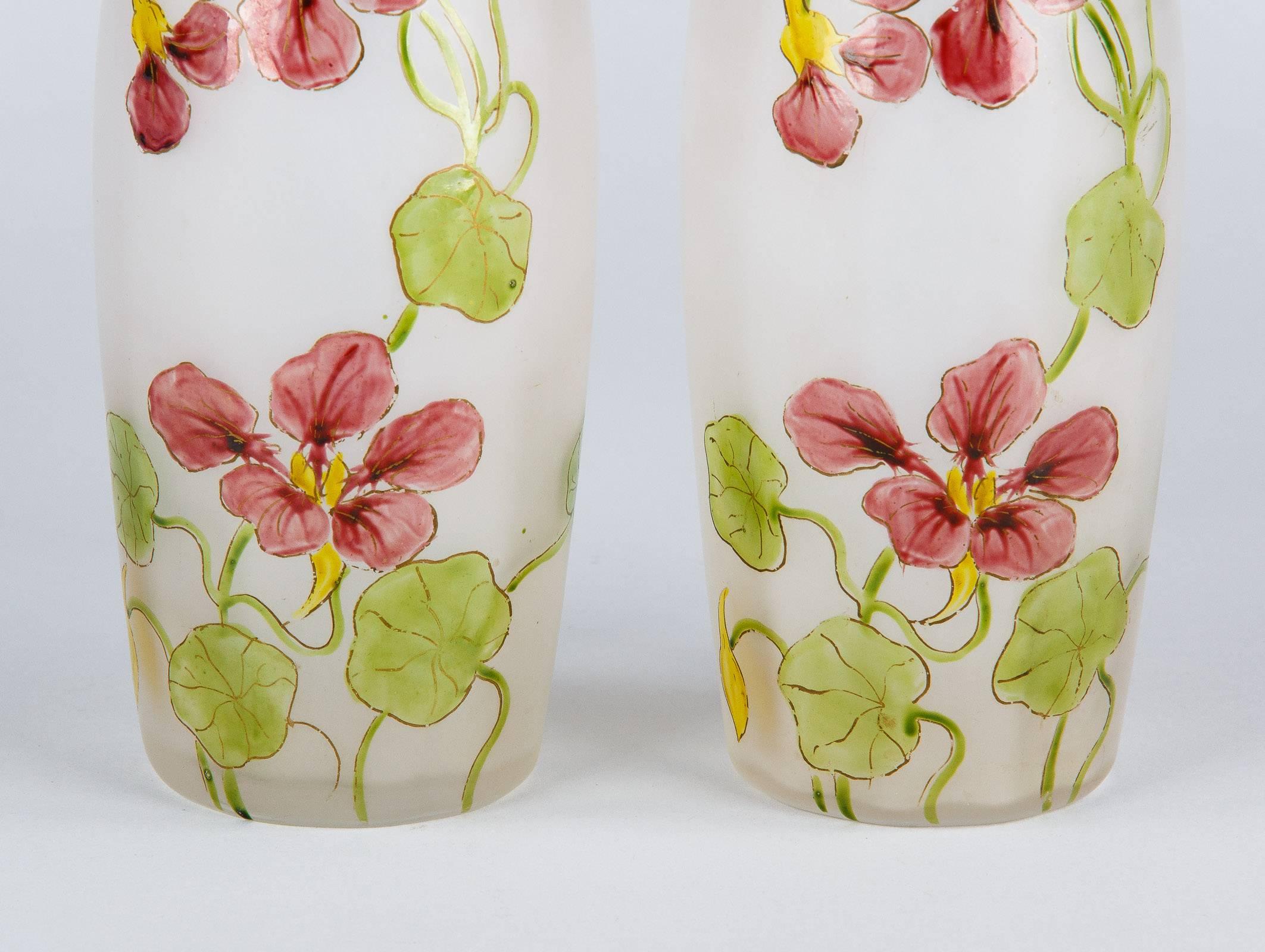 20th Century Pair of Hand-Painted French Art Nouveau Glass Vases, 1900s