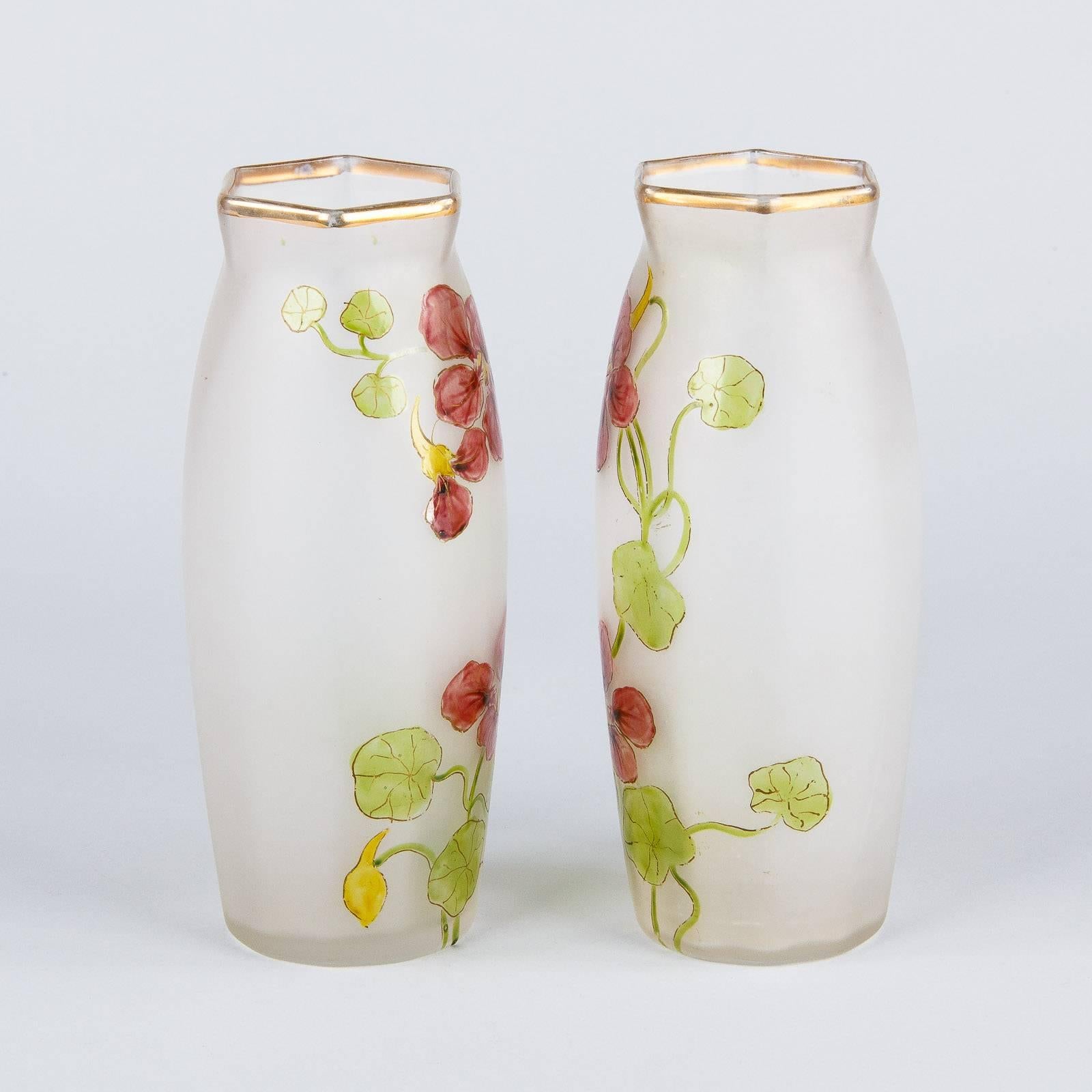 Blown Glass Pair of Hand-Painted French Art Nouveau Glass Vases, 1900s