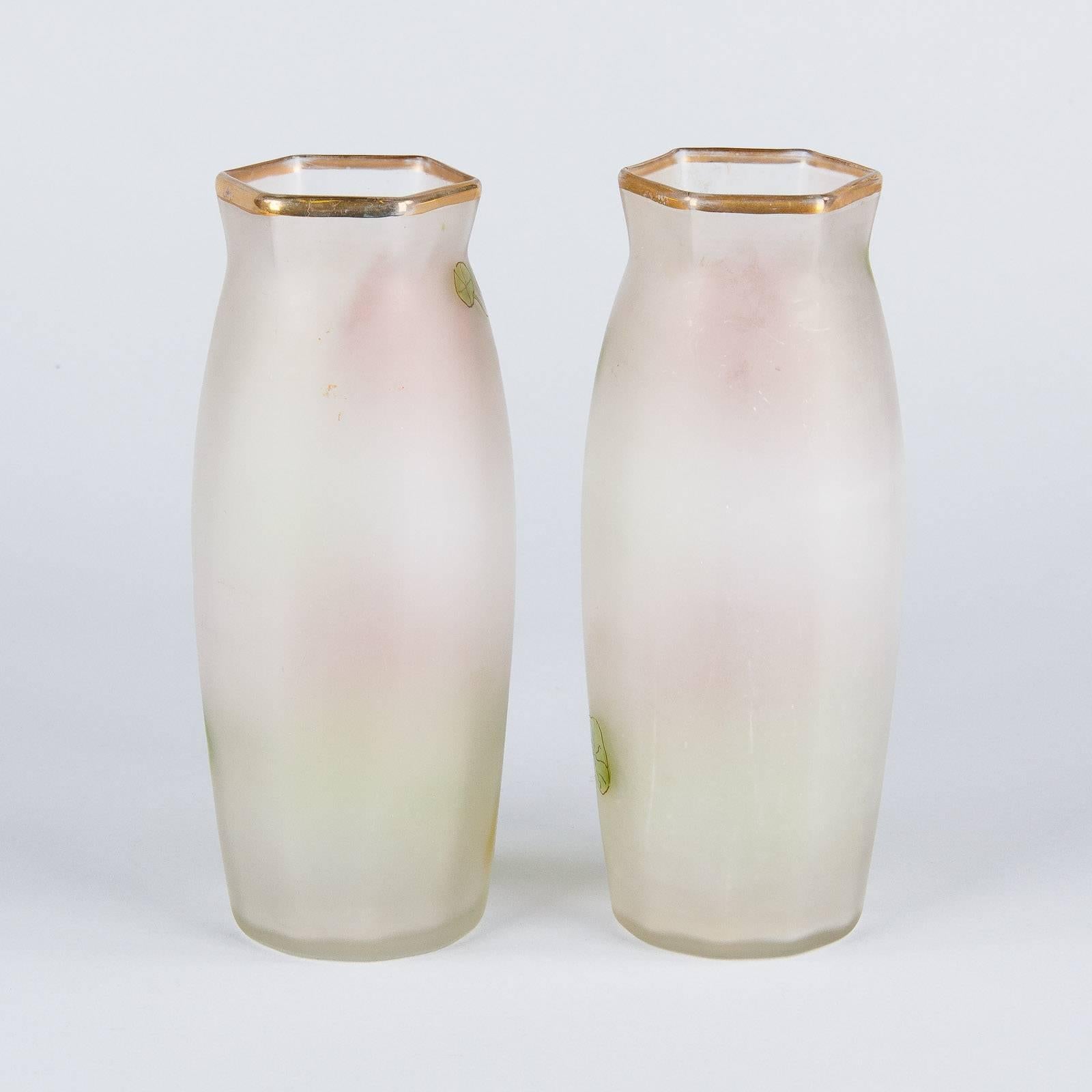 Pair of Hand-Painted French Art Nouveau Glass Vases, 1900s 1