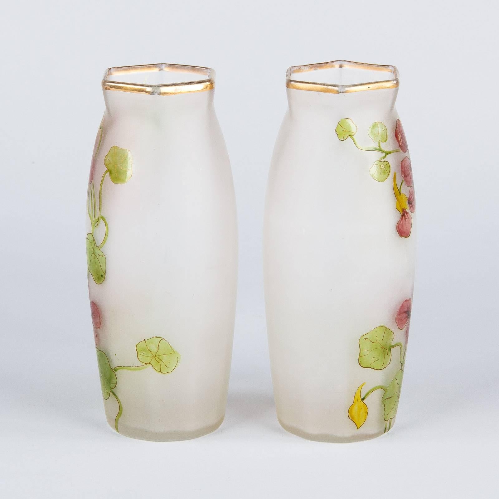 Pair of Hand-Painted French Art Nouveau Glass Vases, 1900s 2