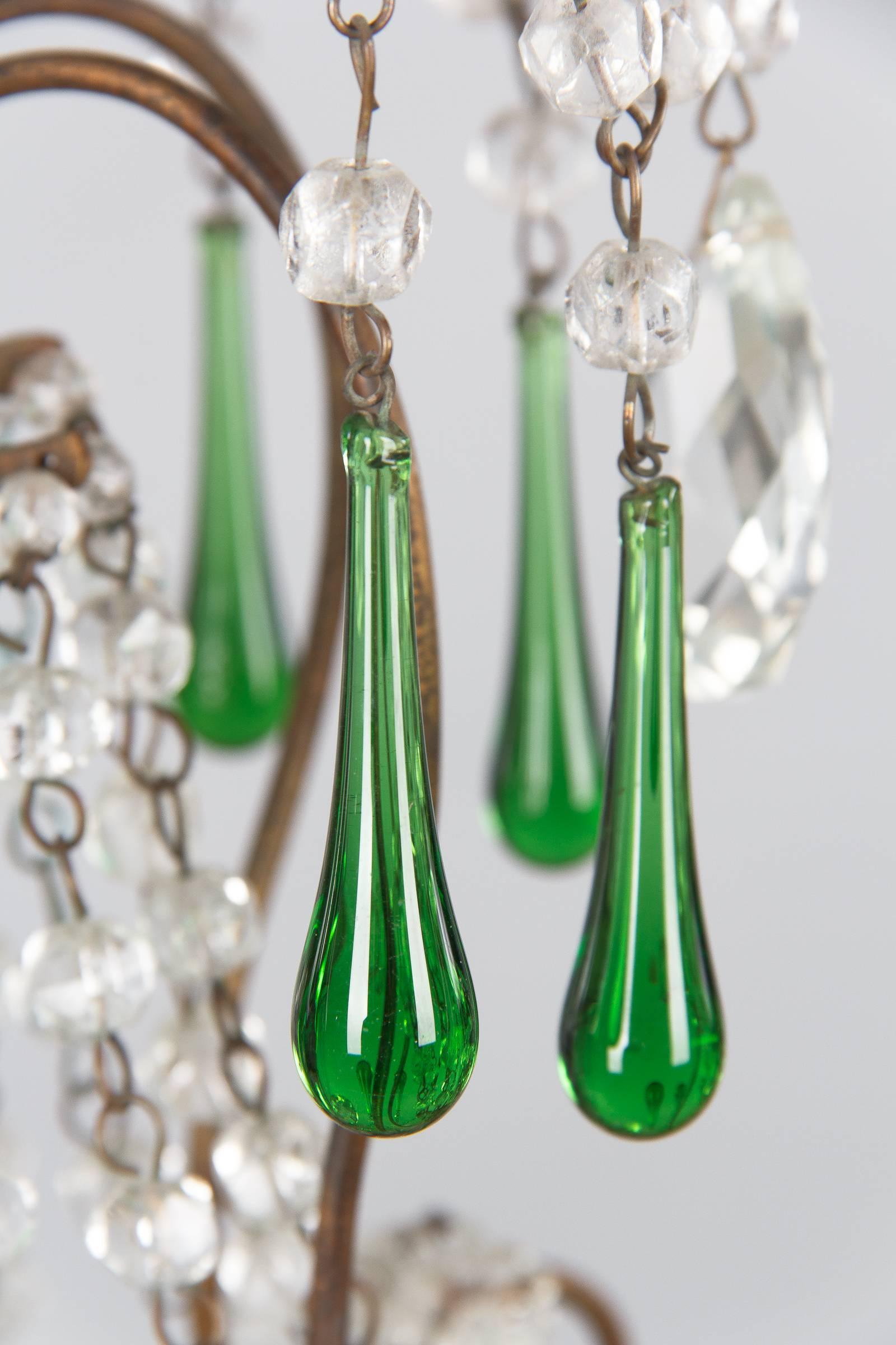 French Green Glass and Crystal Chandelier, 1920s In Good Condition In Austin, TX