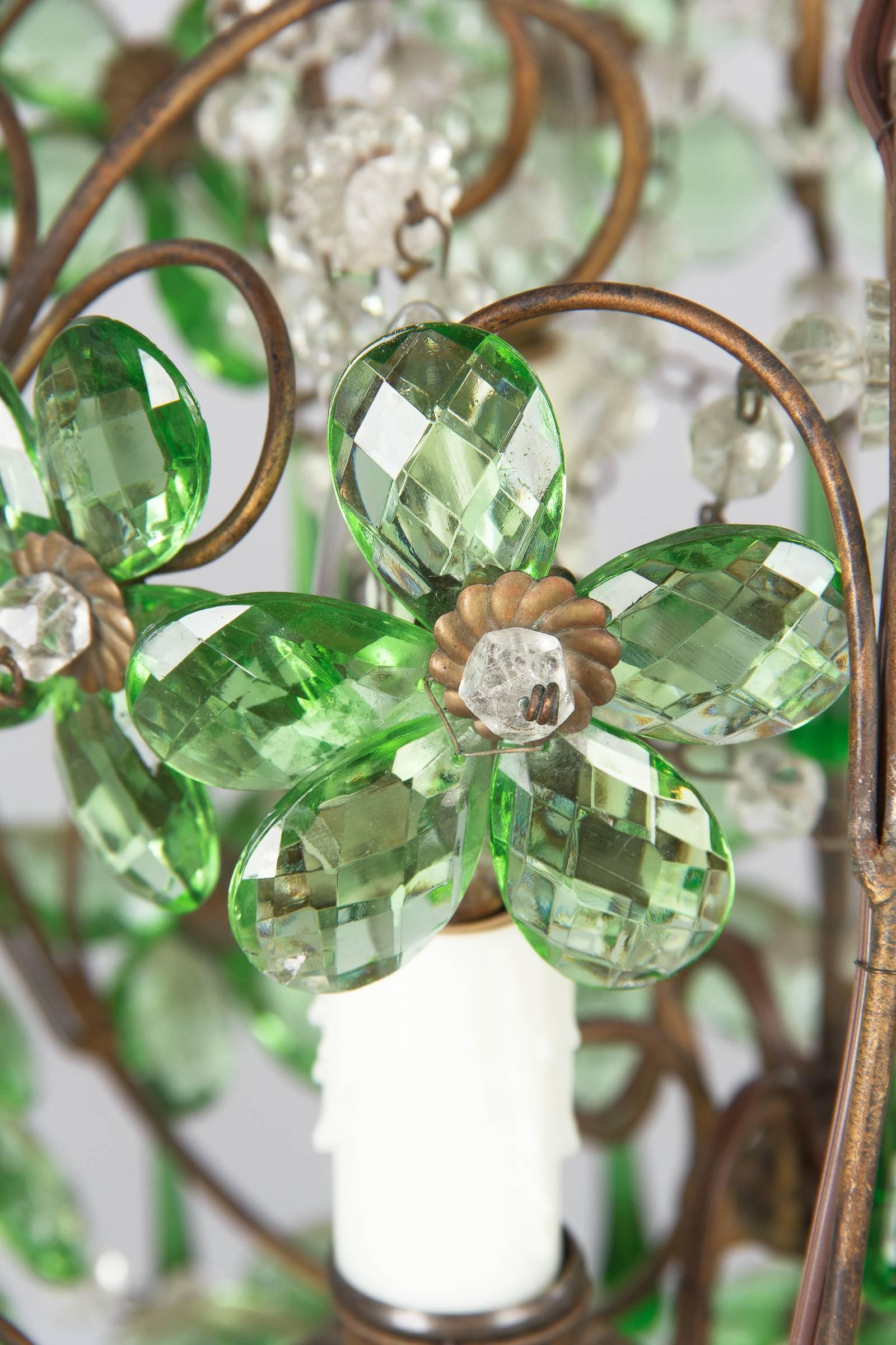 Early 20th Century French Green Glass and Crystal Chandelier, 1920s