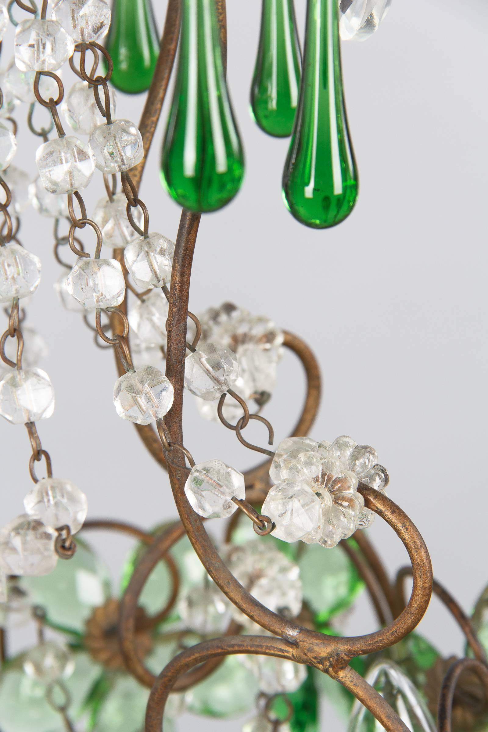 French Green Glass and Crystal Chandelier, 1920s 1