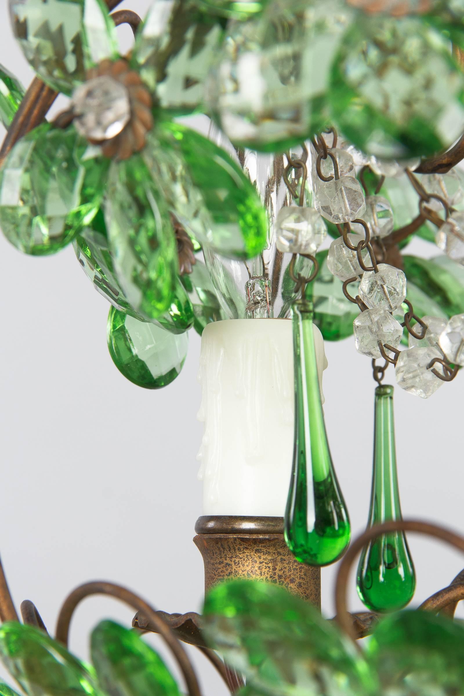 French Green Glass and Crystal Chandelier, 1920s 2