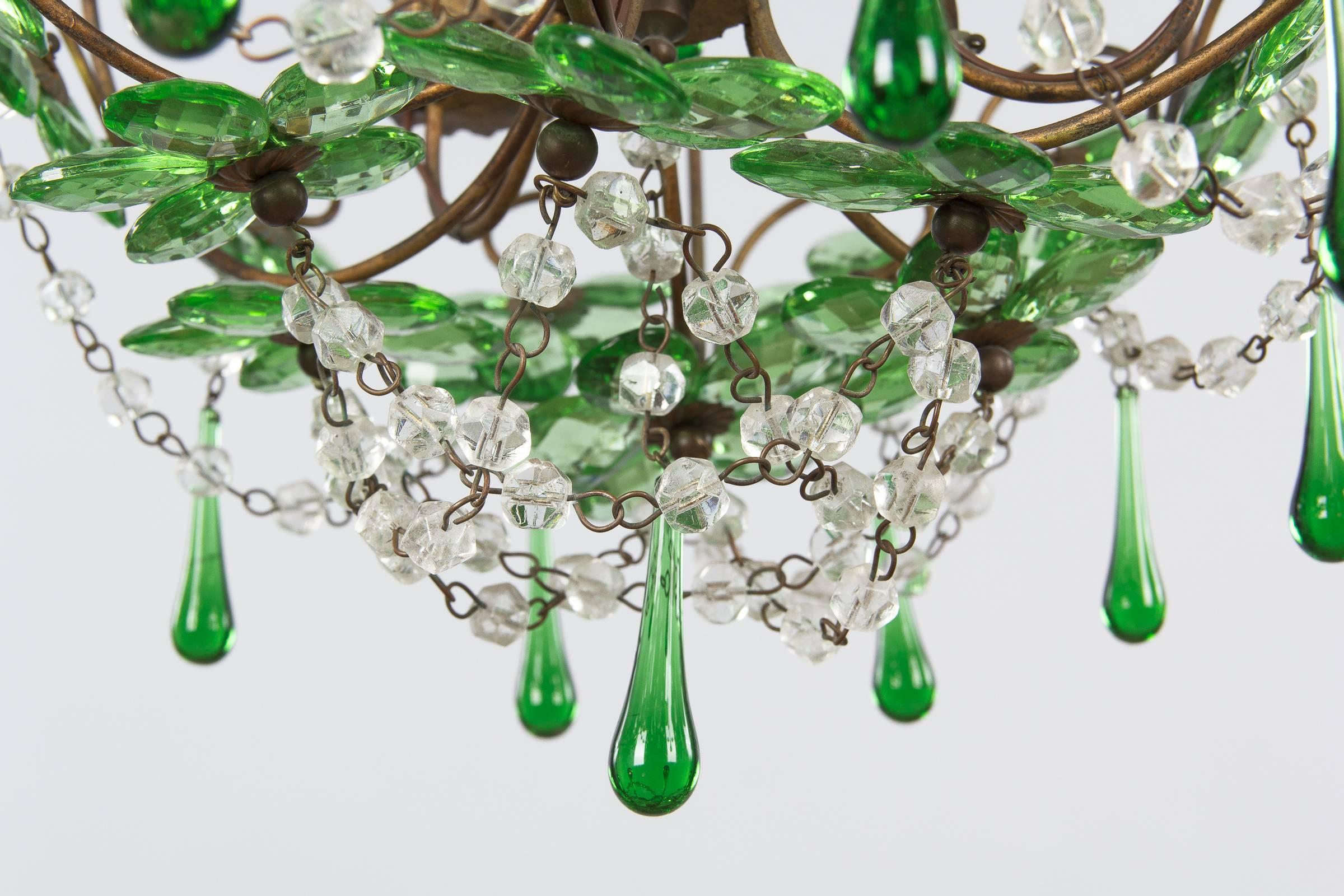 French Green Glass and Crystal Chandelier, 1920s 3