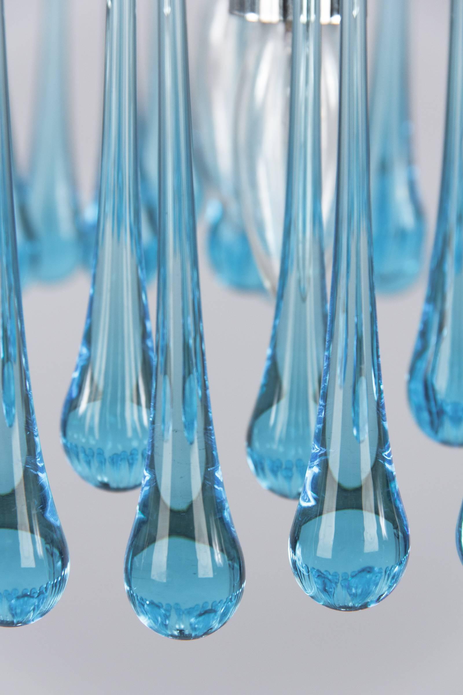 Blown Glass Pair of Murano Blue Teardrop Chandeliers, 1970s