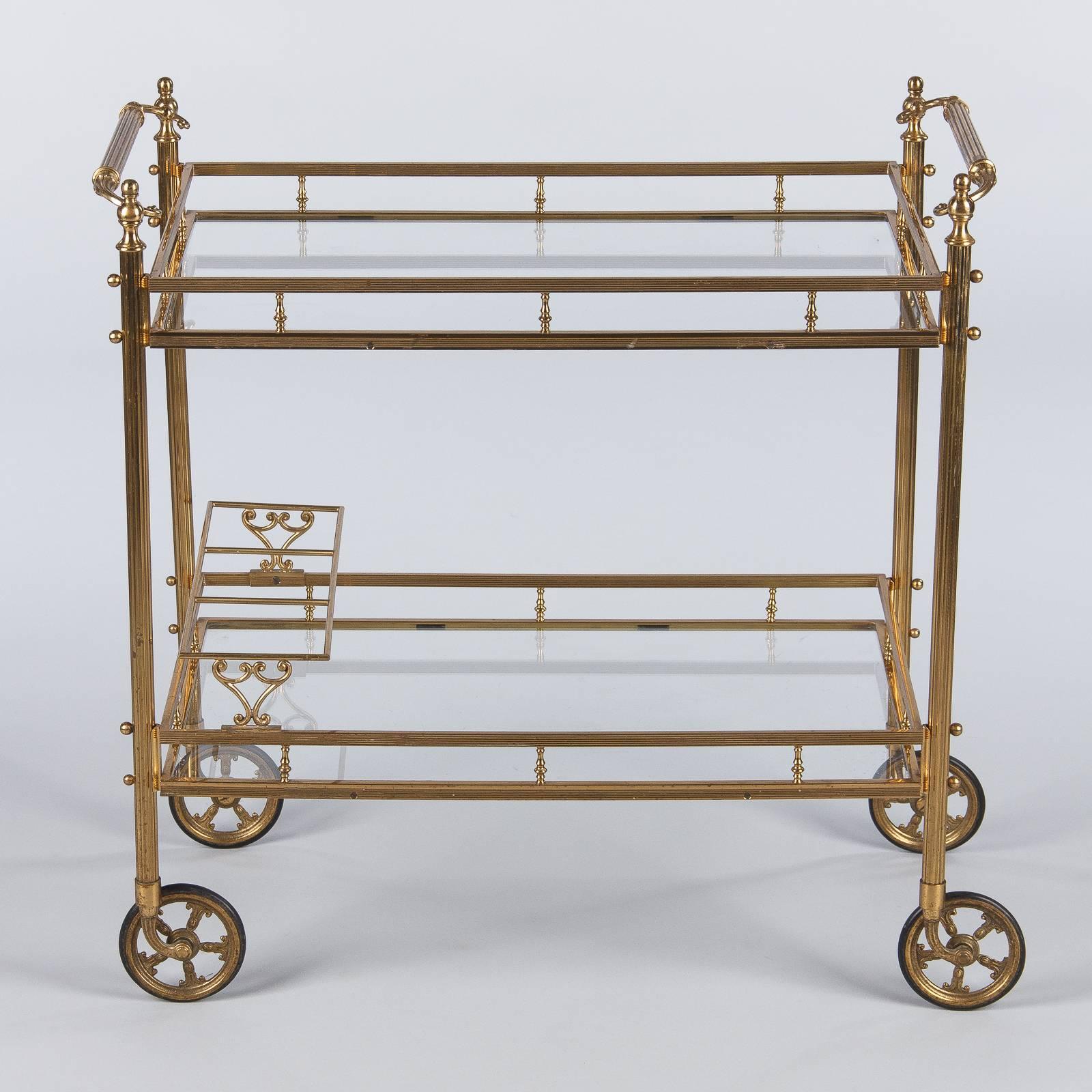 Mid-20th Century Maison Baguès Brass and Glass Bar Two-Tiered Cart, 1950s