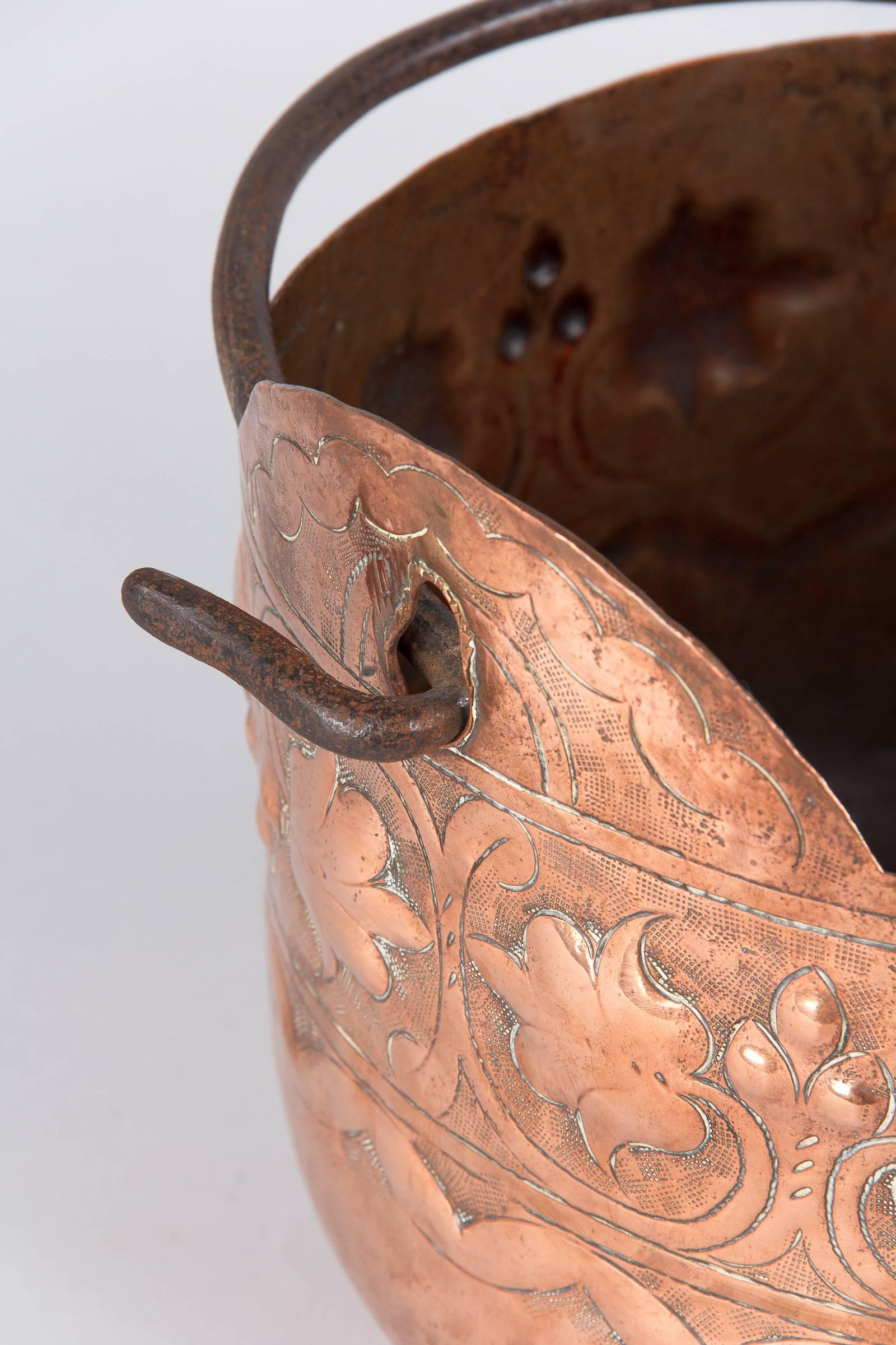 French Provincial French Copper Cauldron with Forged Iron Handle, 19th Century