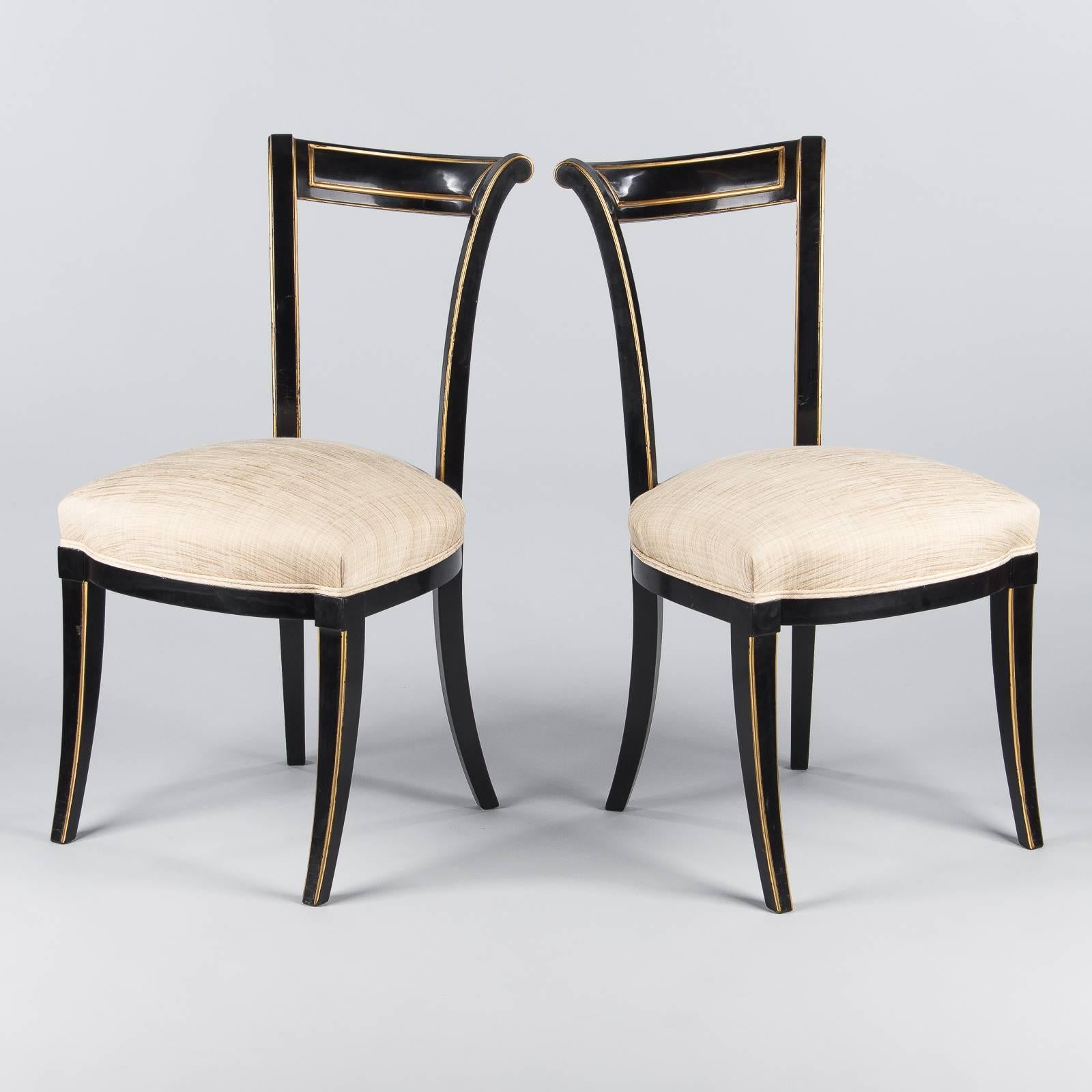 Fabric Set of Four French Neoclassical Ebonized Chairs by Maurice Hirsch, 1950s