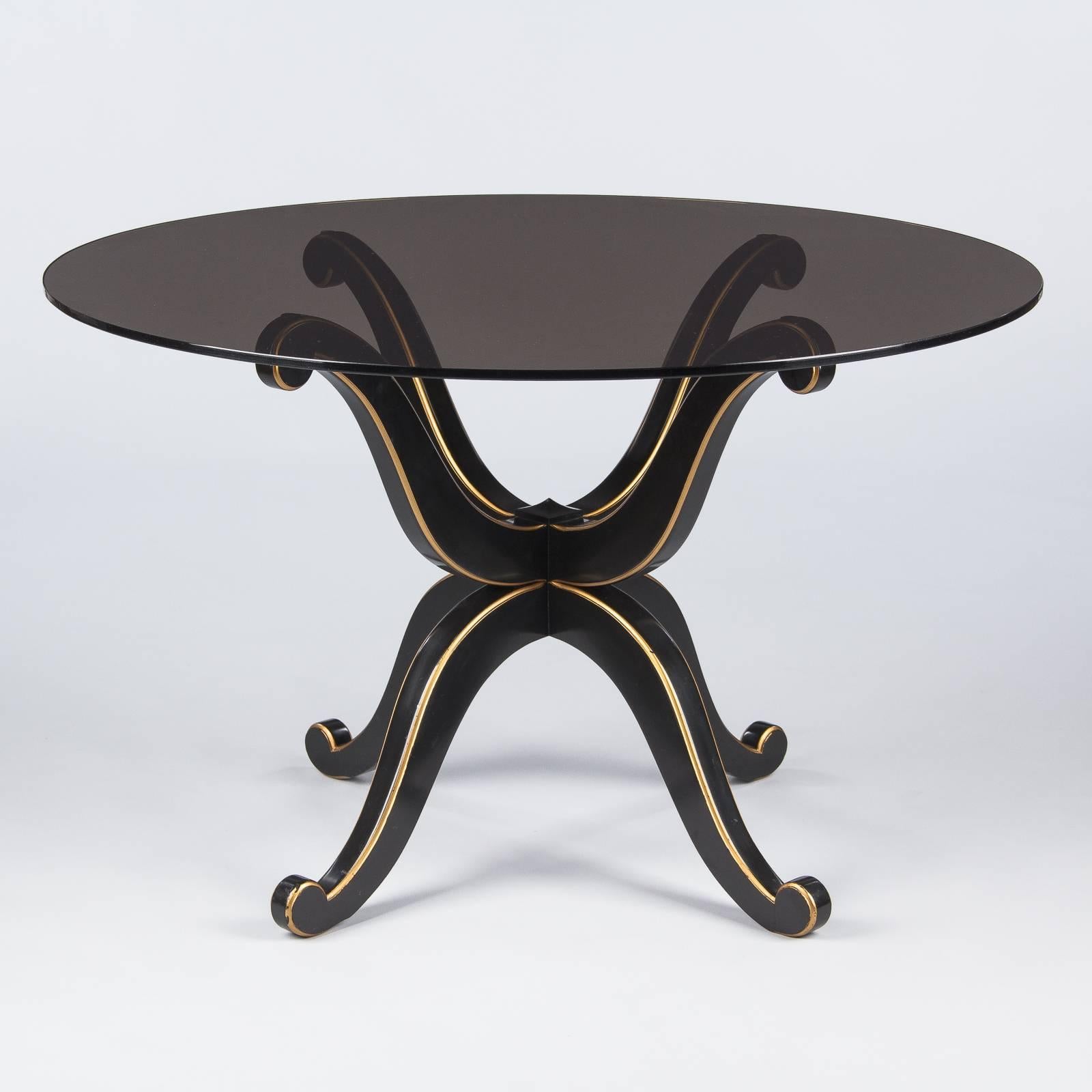 Varnished French Neoclassical Maurice Hirsch Glass Top Table with Ebonized Base, 1950s