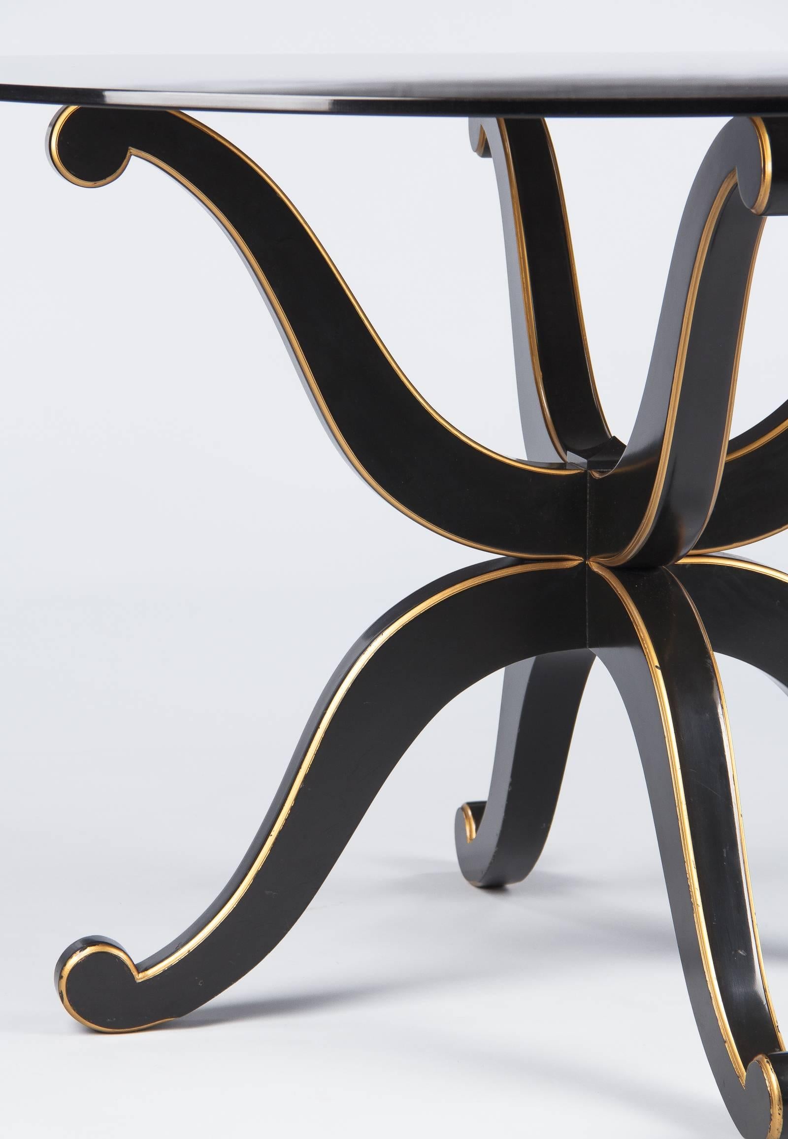 Mid-20th Century French Neoclassical Maurice Hirsch Glass Top Table with Ebonized Base, 1950s