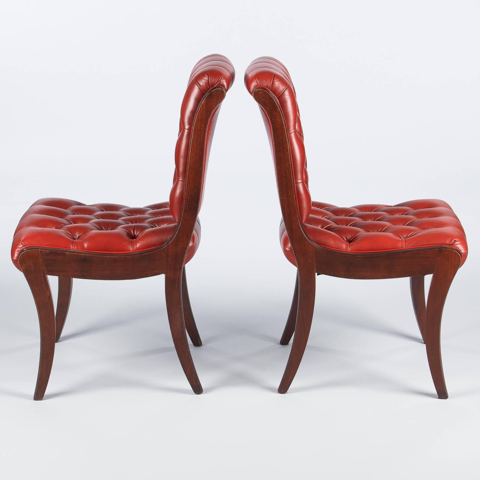 Pair of English Mahogany and Red Tufted Leather Side Chairs, 1950s 2