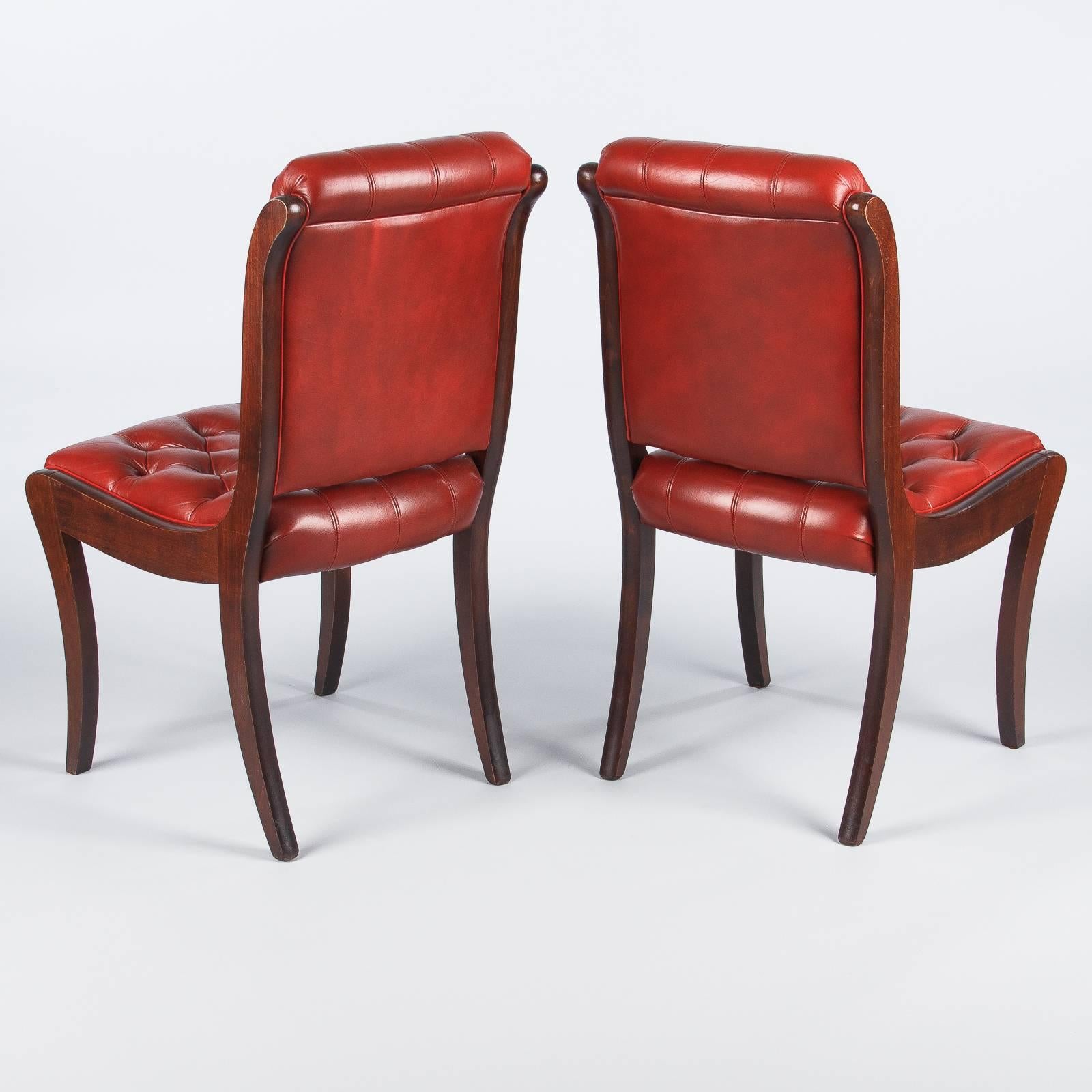 Pair of English Mahogany and Red Tufted Leather Side Chairs, 1950s 1