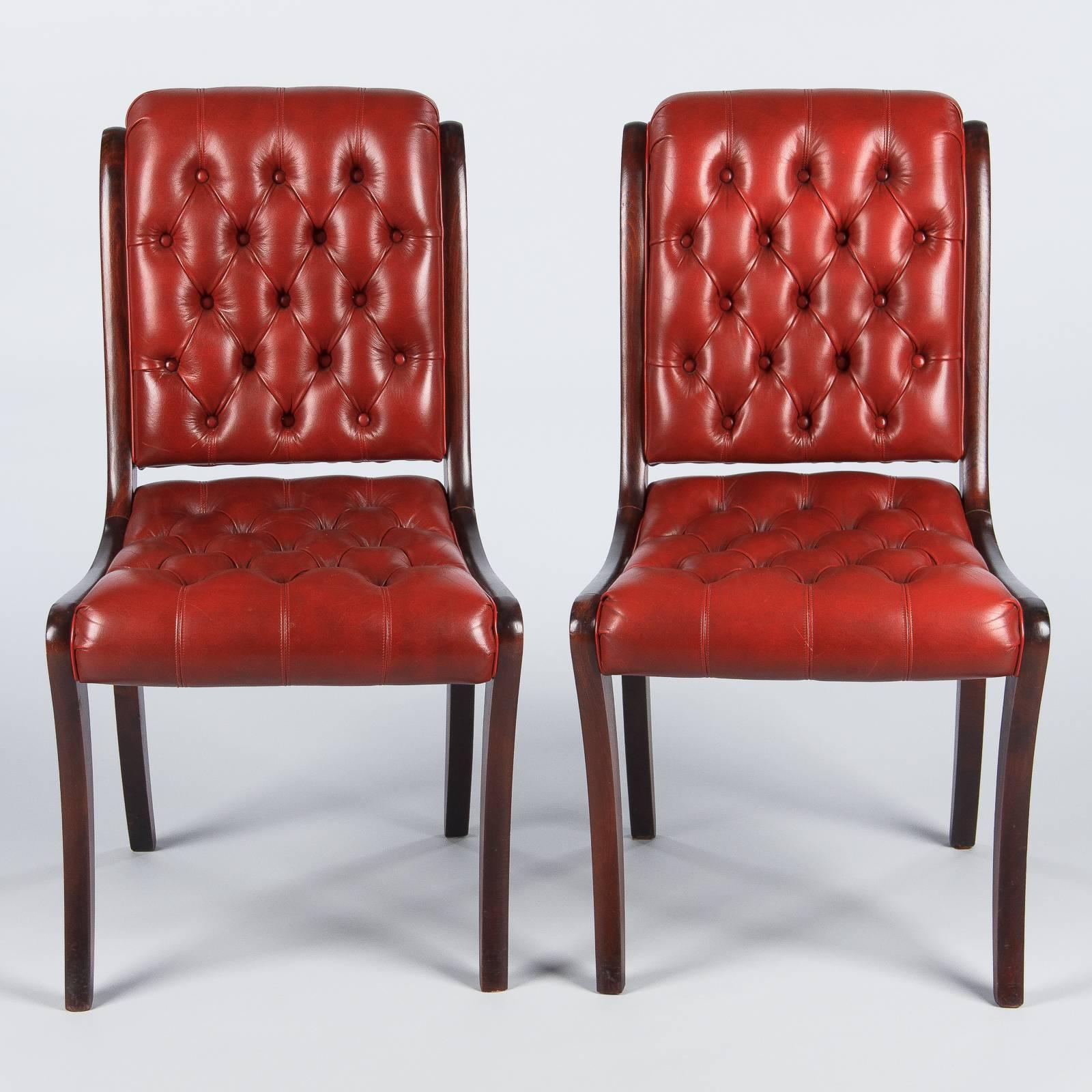 Chesterfield Pair of English Mahogany and Red Tufted Leather Side Chairs, 1950s