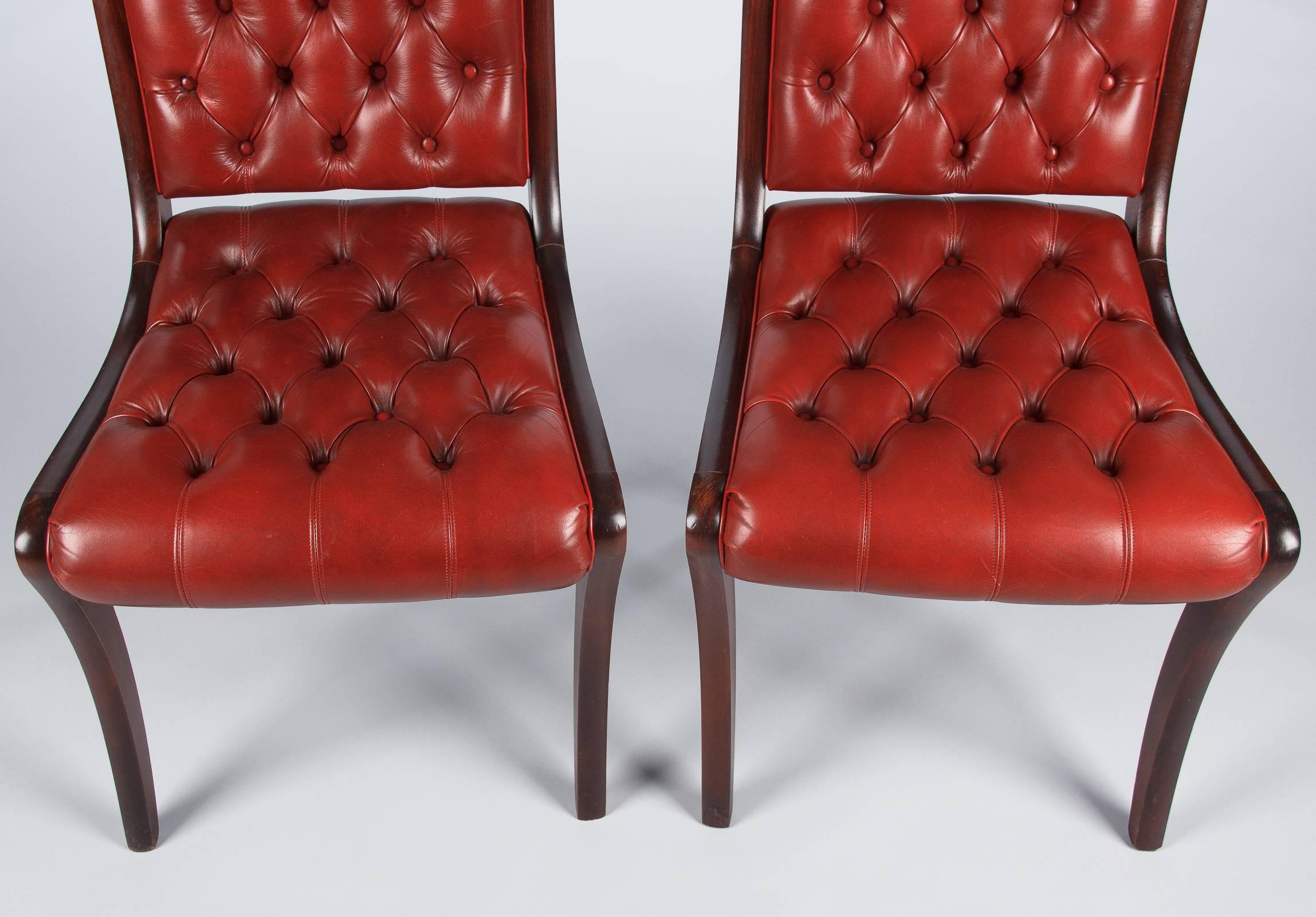 20th Century Pair of English Mahogany and Red Tufted Leather Side Chairs, 1950s