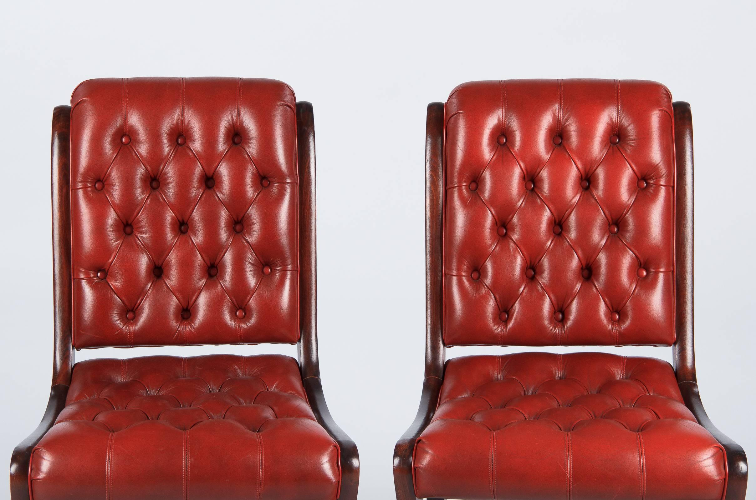 Pair of English Mahogany and Red Tufted Leather Side Chairs, 1950s In Good Condition In Austin, TX