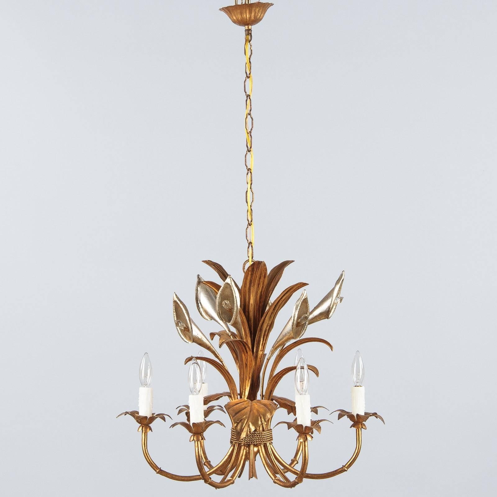Mid-Century Modern French Gilded Metal and Crystal Chandelier, 1950s